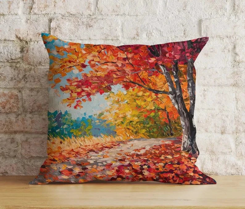 Onay Autumn Forest Path Rustic Autumn Trees Leaves Cushion Cover