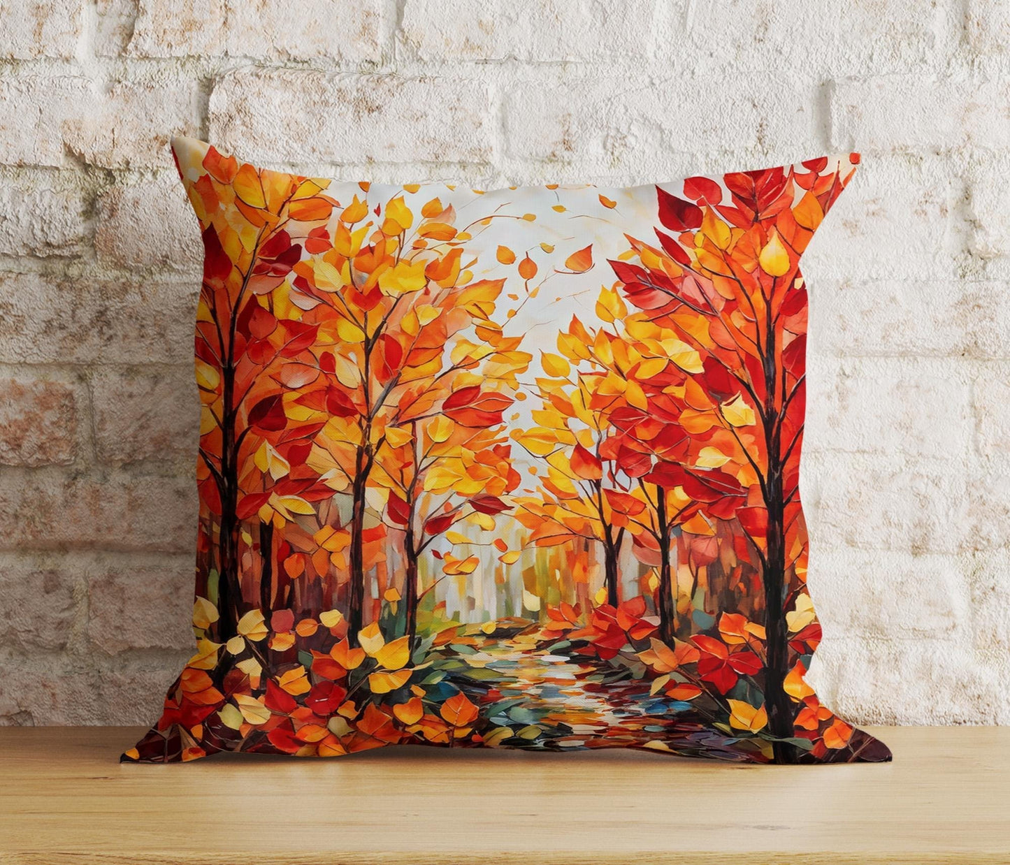 Onay 4 / 12 x 12 inch (30 x 30 cm) Double Side Autumn Forest Path Rustic Autumn Trees Leaves Cushion Cover
