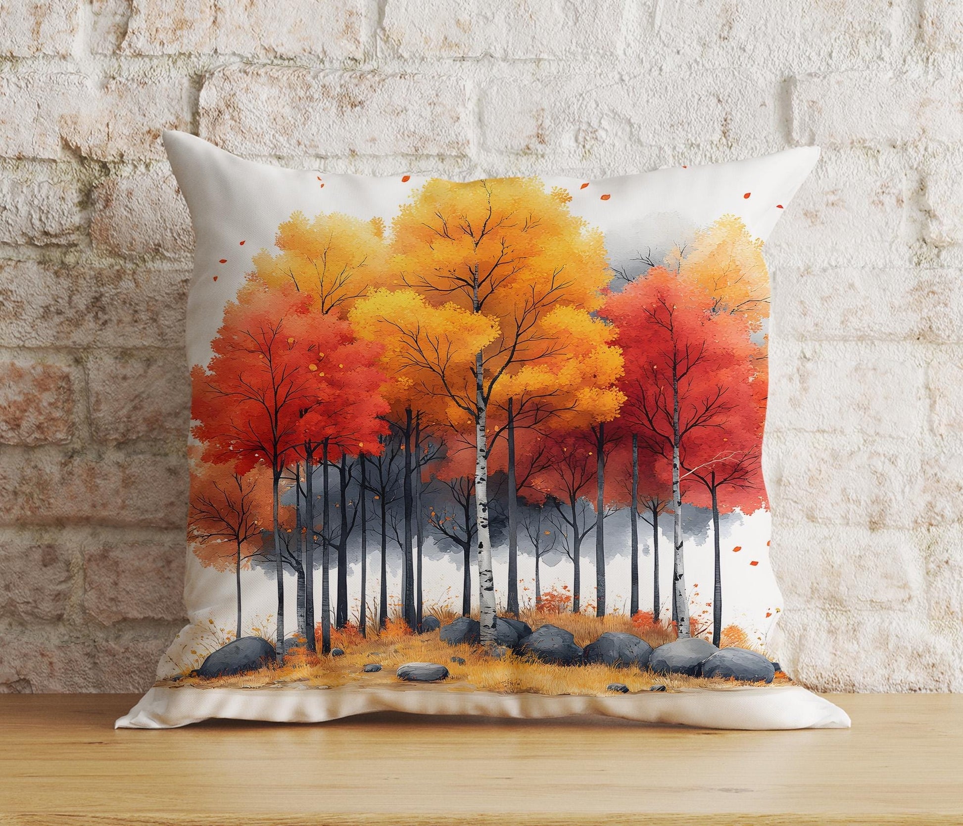 Onay 3 / 12 x 12 inch (30 x 30 cm) Double Side Autumn Forest Path Rustic Autumn Trees Leaves Cushion Cover