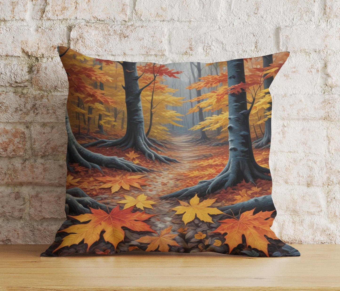 Onay 2 / 12 x 12 inch (30 x 30 cm) Double Side Autumn Forest Path Rustic Autumn Trees Leaves Cushion Cover