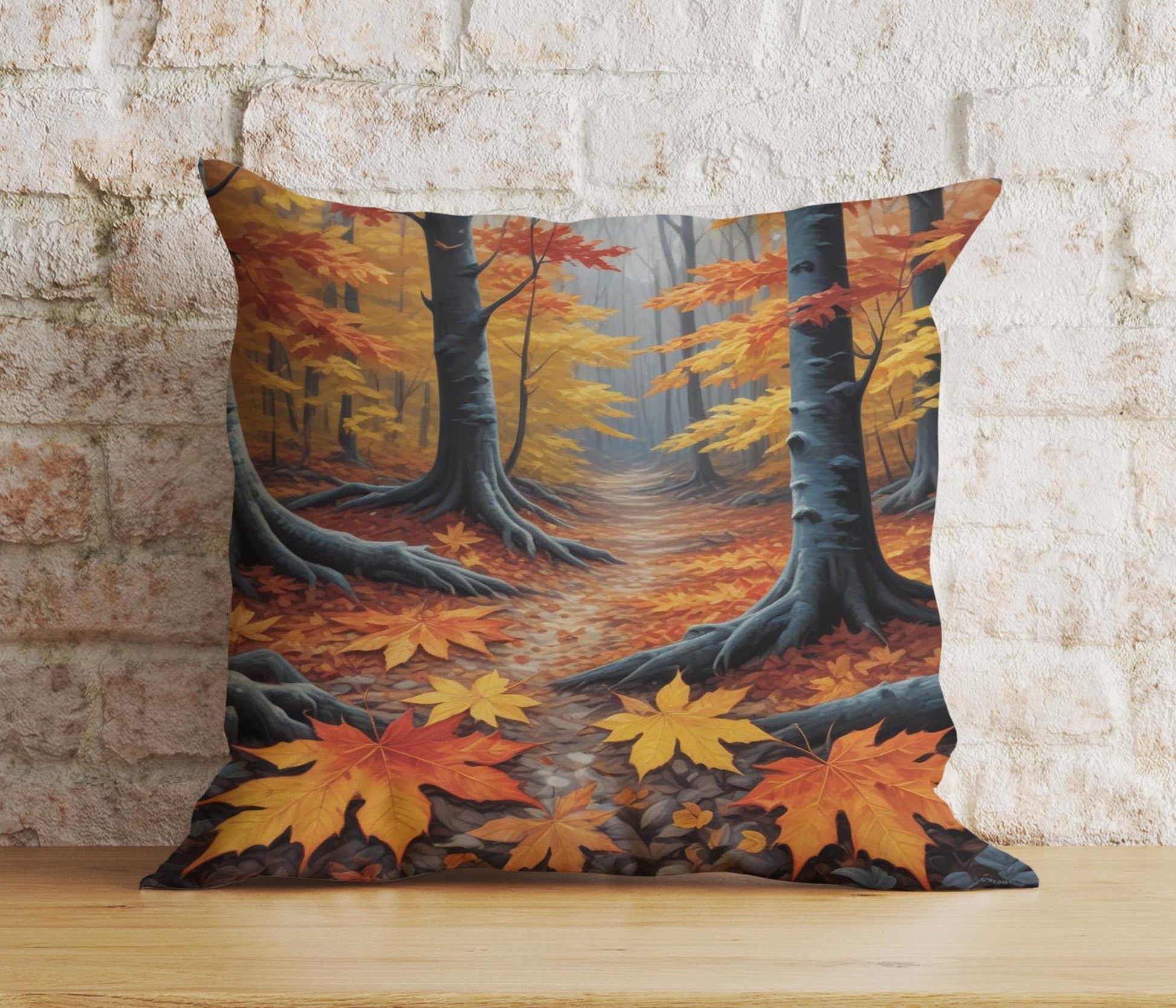 Onay 2 / 12 x 12 inch (30 x 30 cm) Double Side Autumn Forest Path Rustic Autumn Trees Leaves Cushion Cover