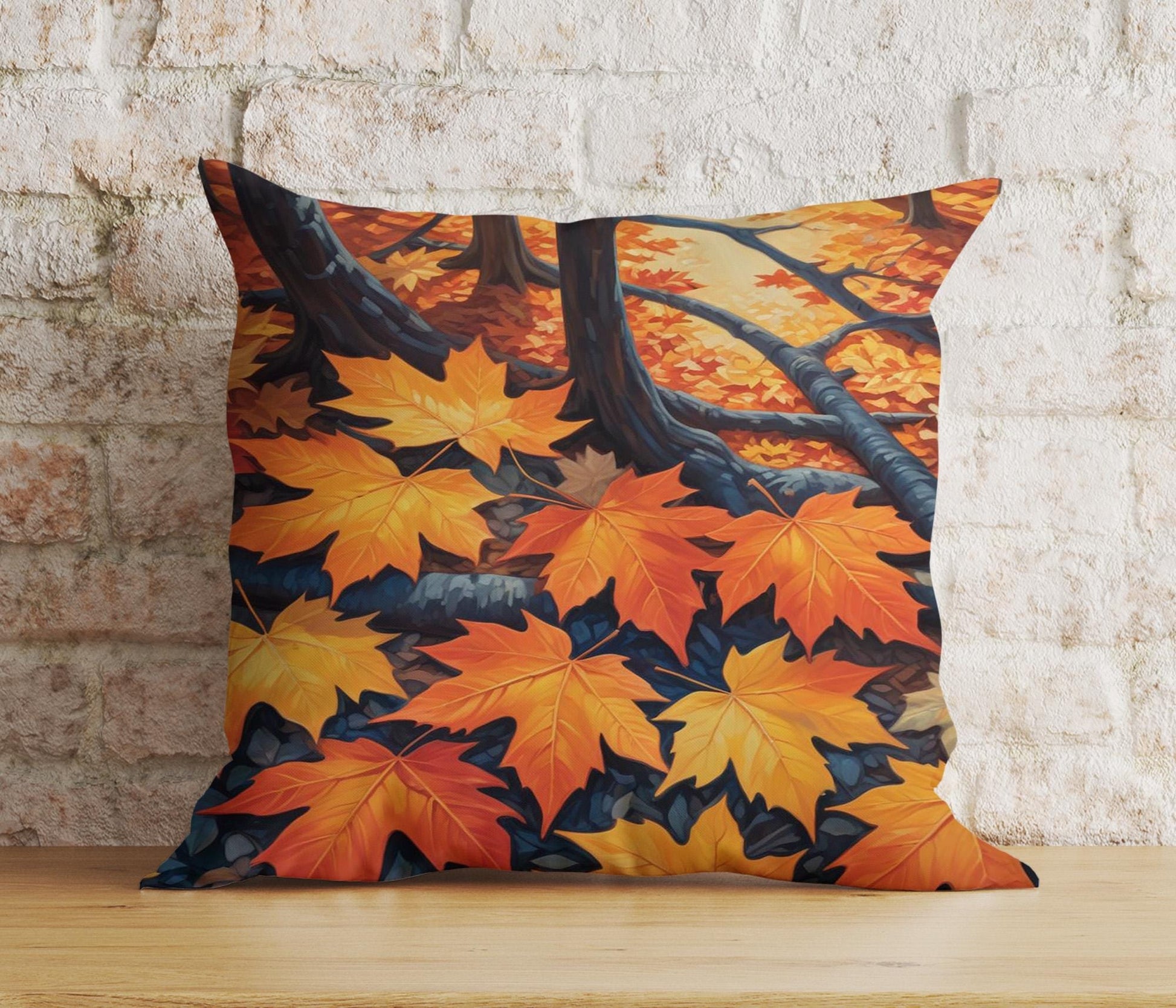 Onay 1 / 12 x 12 inch (30 x 30 cm) Double Side Autumn Forest Path Rustic Autumn Trees Leaves Cushion Cover