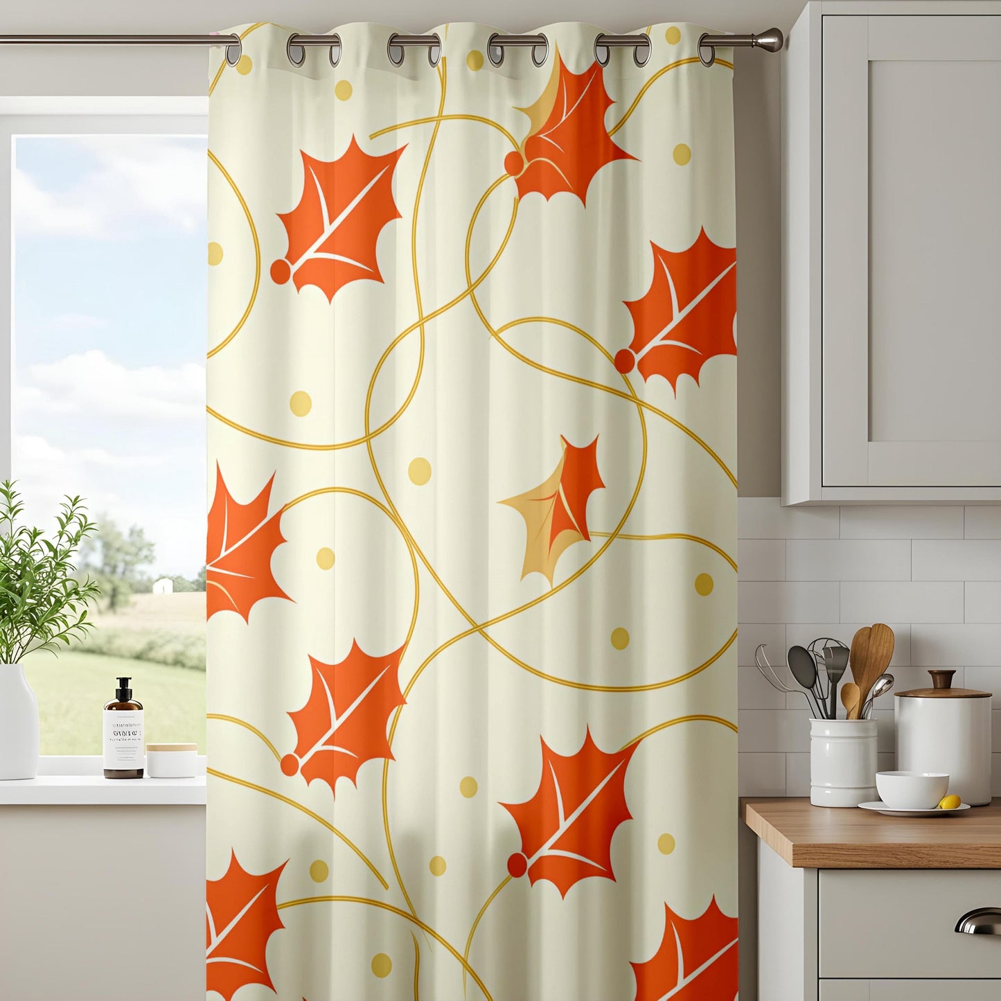 Onay Autumn Leaf Curtains – Elegant Orange Vine Pattern Drapes for a Cozy Seasonal Living Room
