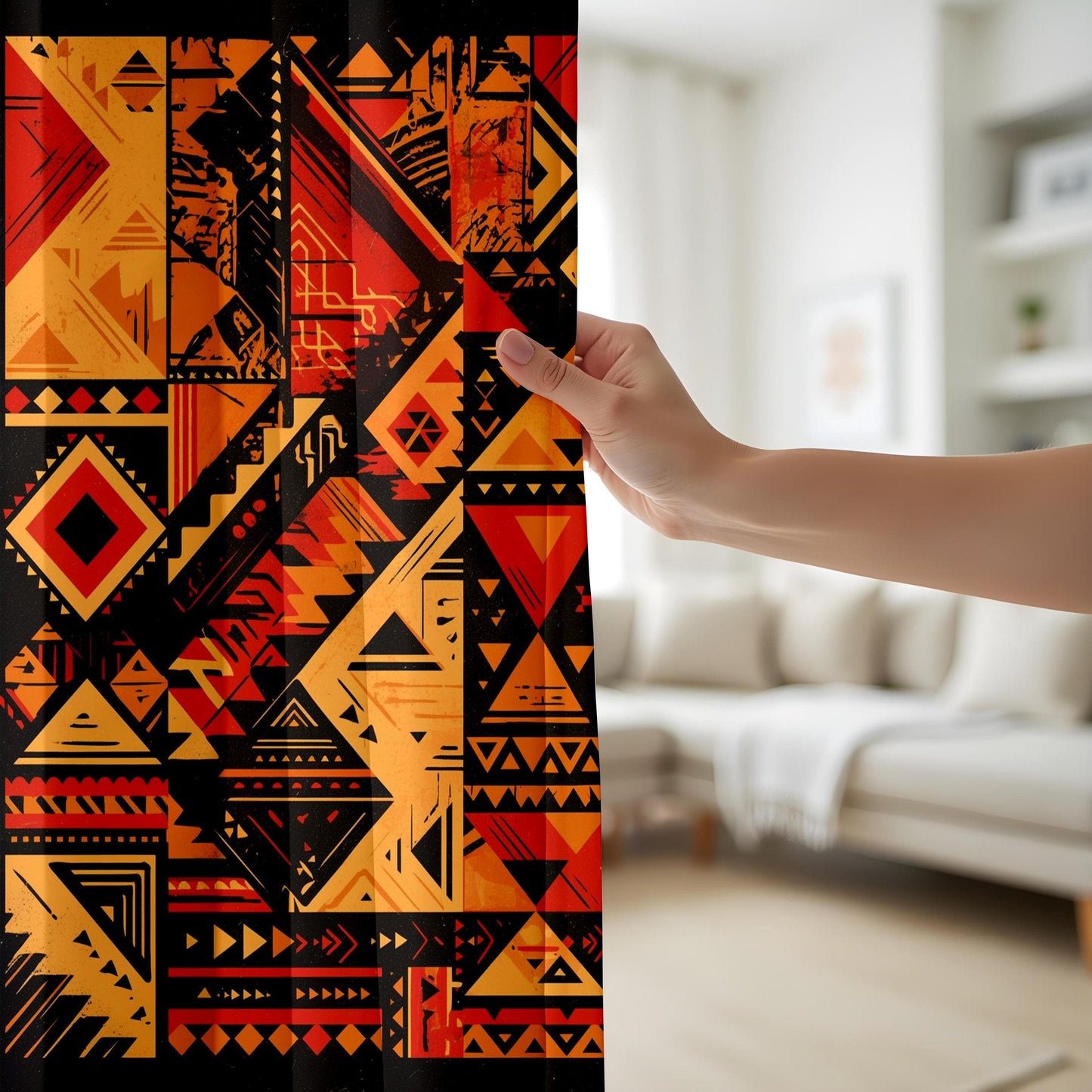 Onay Aztec-Inspired Curtains – Bold Red and Black Geometric Drapes for Boho Southwestern Interiors