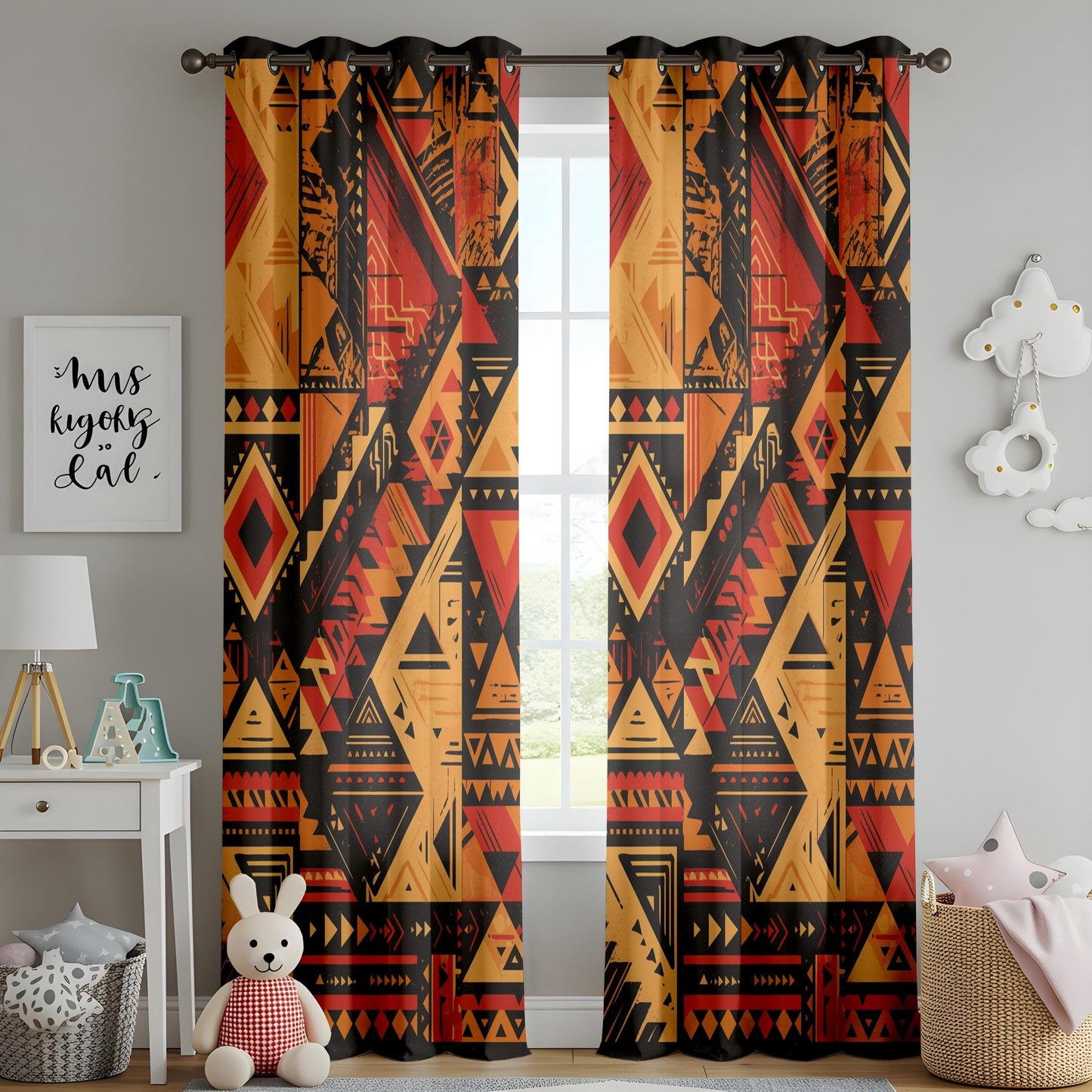 Onay Aztec-Inspired Curtains – Bold Red and Black Geometric Drapes for Boho Southwestern Interiors