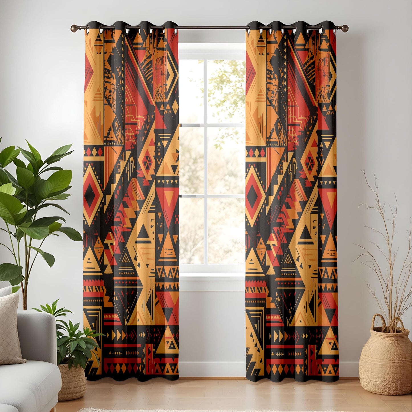 Onay Aztec-Inspired Curtains – Bold Red and Black Geometric Drapes for Boho Southwestern Interiors