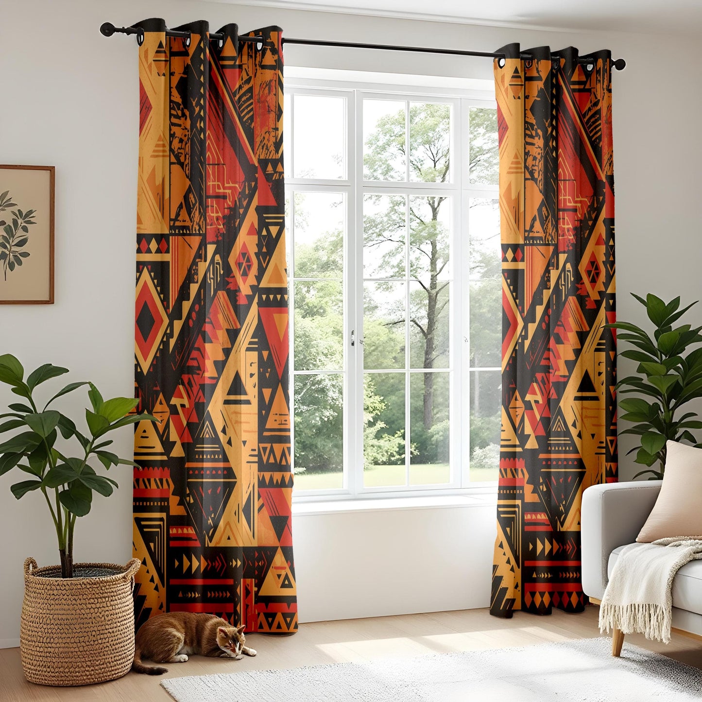 Onay Aztec-Inspired Curtains – Bold Red and Black Geometric Drapes for Boho Southwestern Interiors
