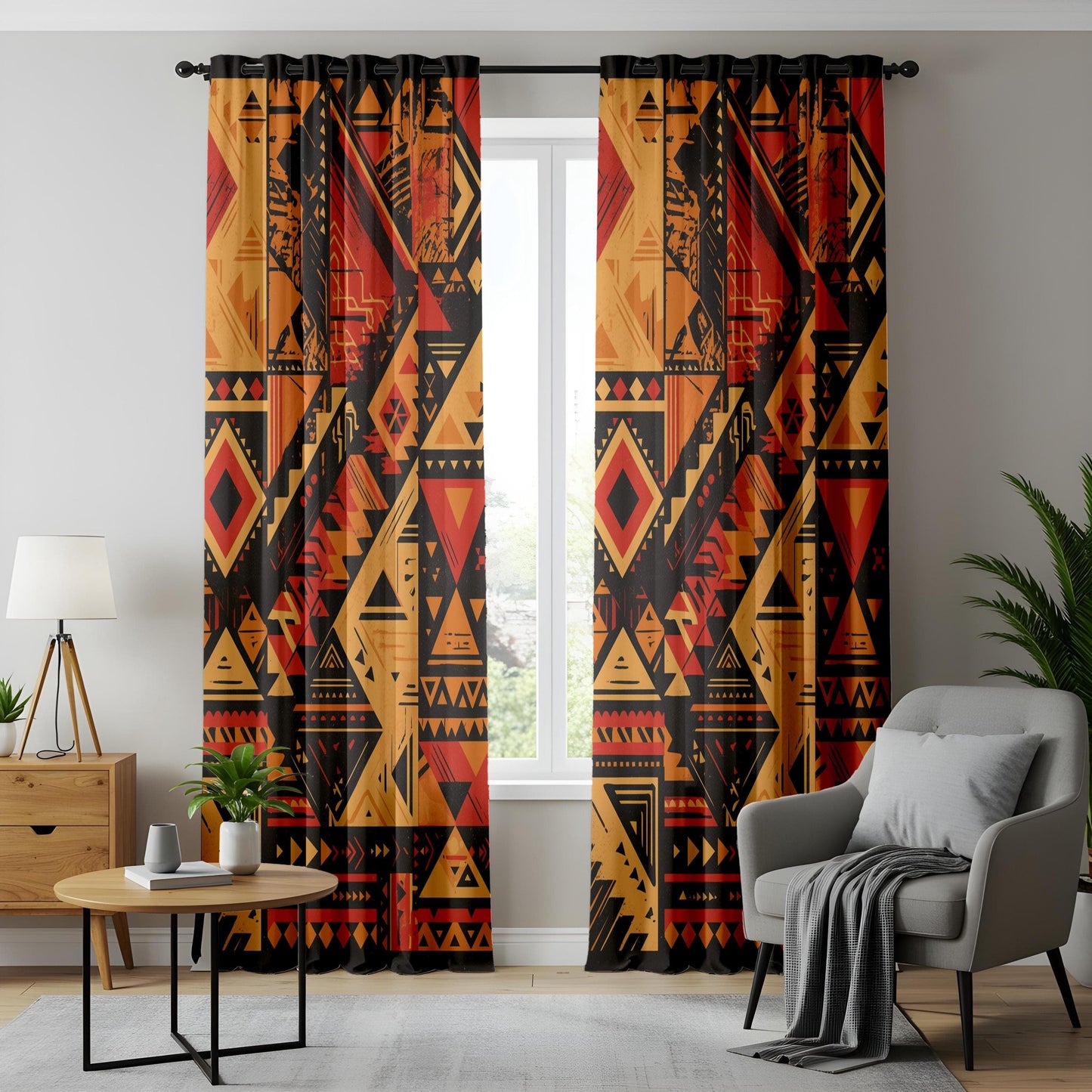 Onay Aztec-Inspired Curtains – Bold Red and Black Geometric Drapes for Boho Southwestern Interiors