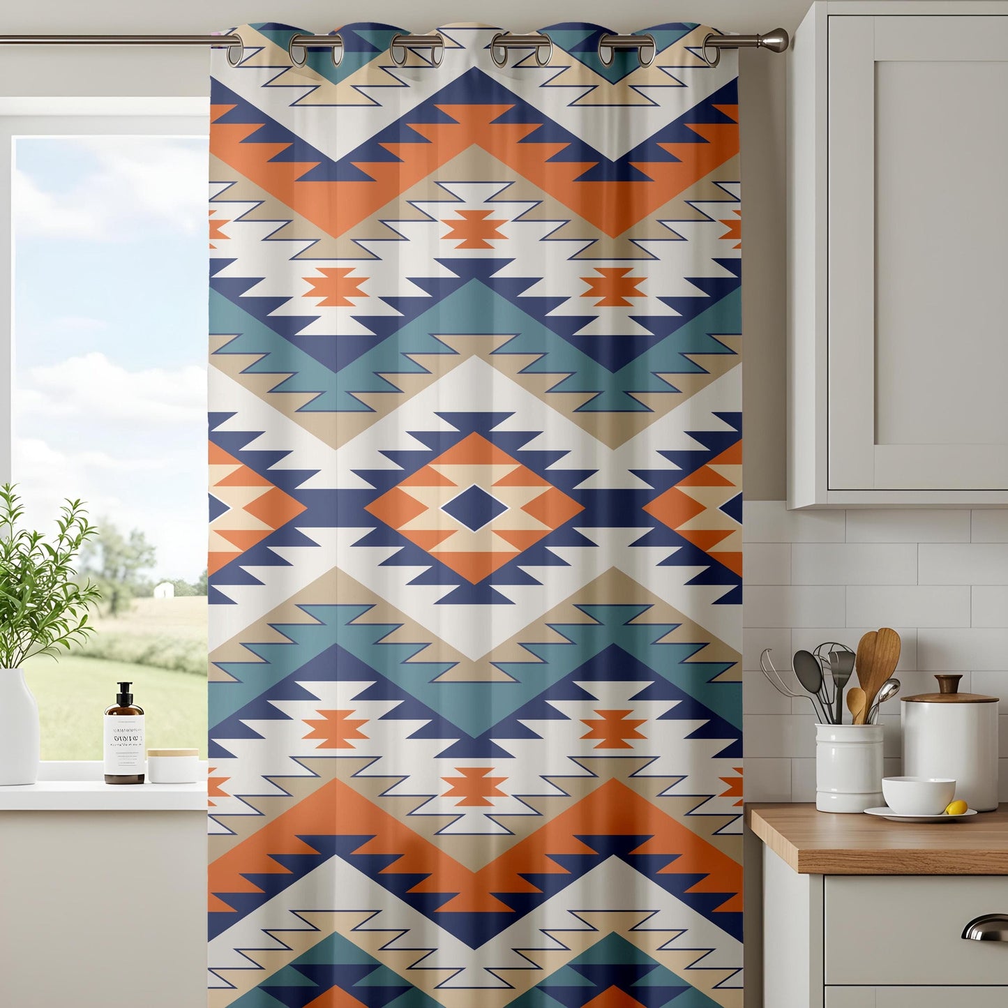 Onay Aztec Pattern Curtains, Bold Multicolor Living Room Drapes