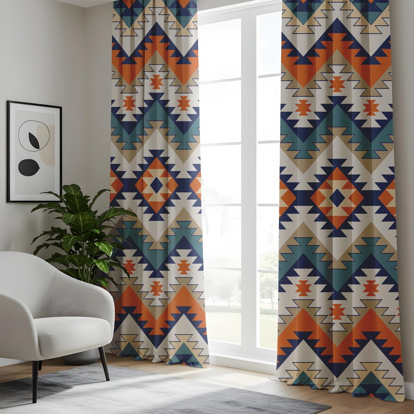 Onay Aztec Pattern Curtains, Bold Multicolor Living Room Drapes