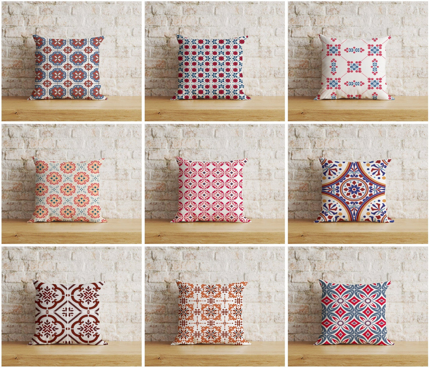 Onay Home Textile Cushion Covers Azulejos Portuguese Red & Blue Pattern Cushion Covers
