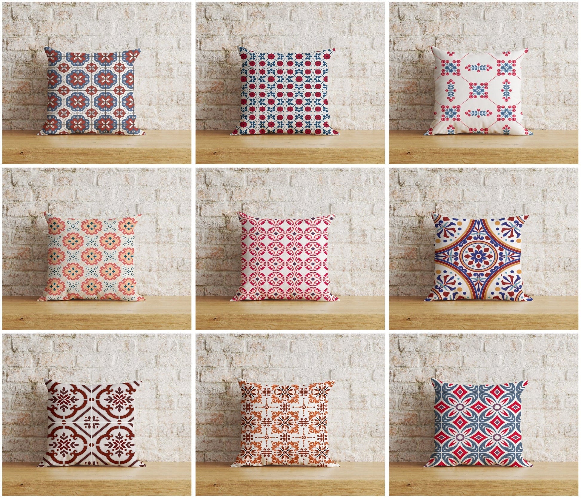 Onay Home Textile Cushion Covers Azulejos Portuguese Red & Blue Pattern Cushion Covers
