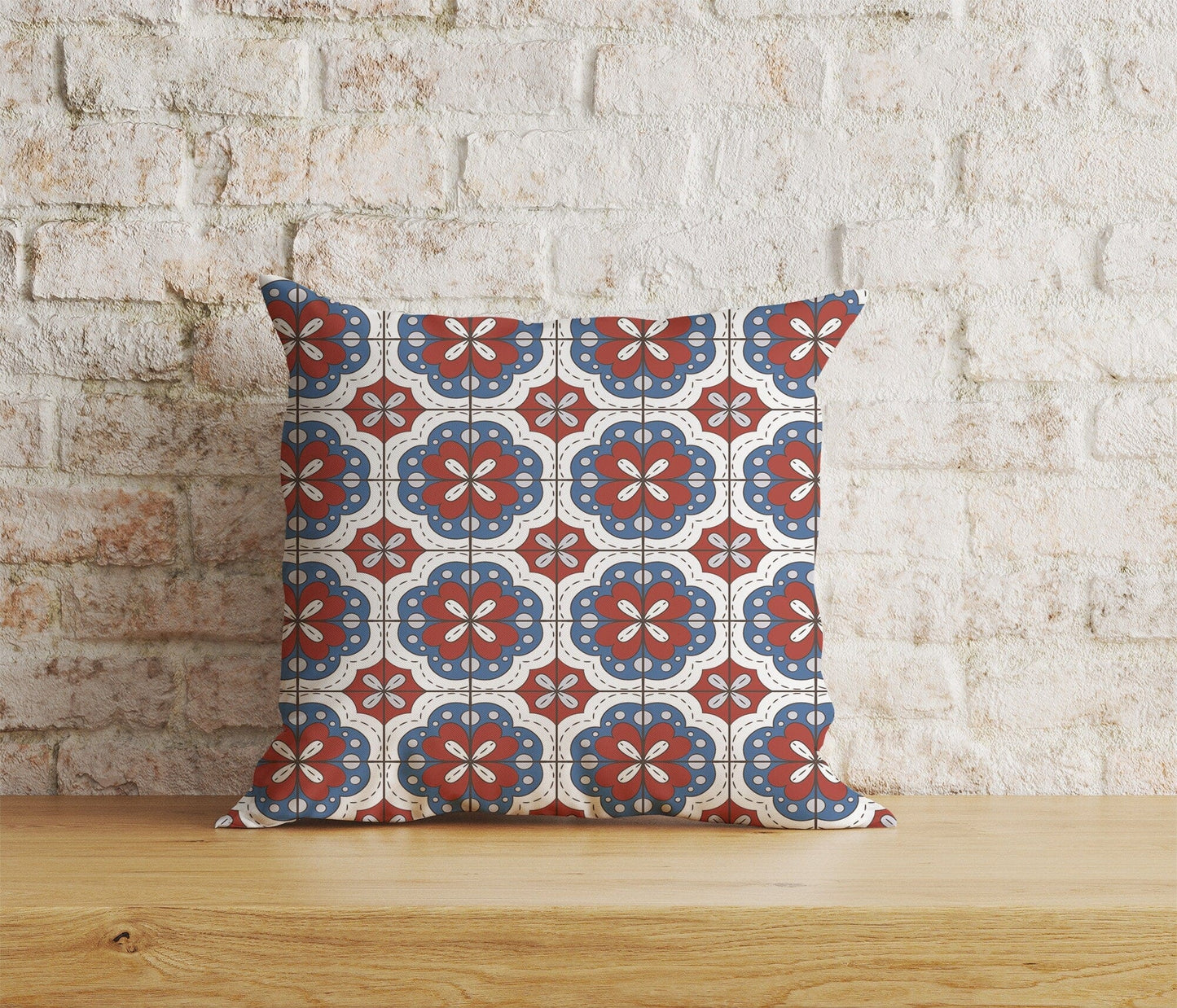 Onay Home Textile Cushion Covers 1 / 12 x 12 inch (30 x 30 cm) Double Side Azulejos Portuguese Red & Blue Pattern Cushion Covers