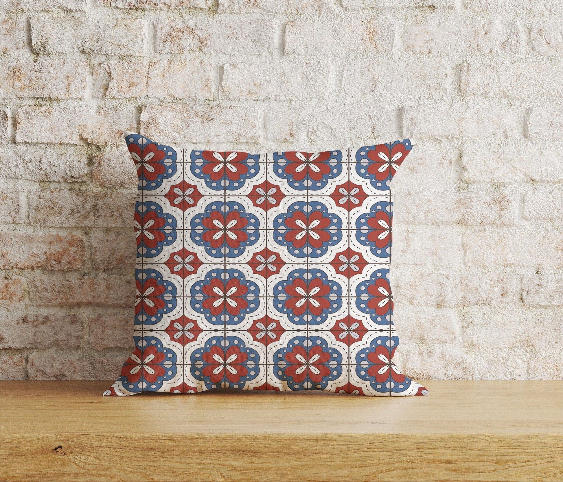 Onay Home Textile Cushion Covers 1 / 12 x 12 inch (30 x 30 cm) Double Side Azulejos Portuguese Red & Blue Pattern Cushion Covers