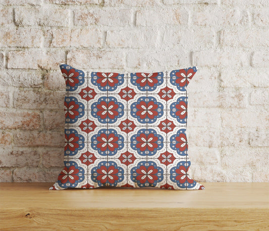 Onay Home Textile Cushion Covers 1 / 12 x 12 inch (30 x 30 cm) Double Side Azulejos Portuguese Red & Blue Pattern Cushion Covers