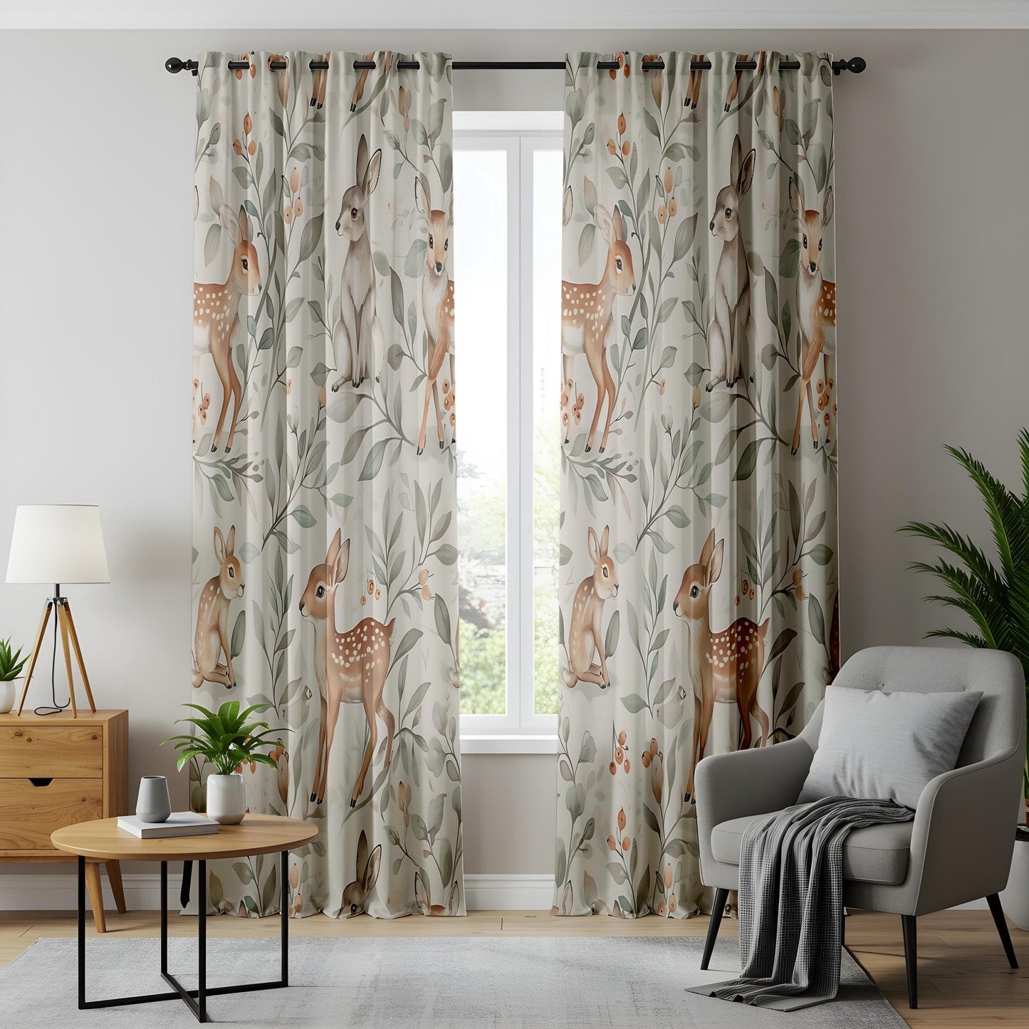 Onay Baby Room Window Curtains, Woodland Deer & Bunny Window Drapes