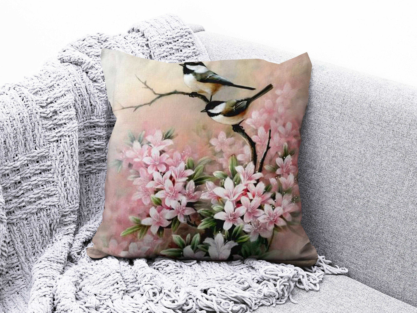 Onay 9 / 12 x 12 inch (30 x 30 cm) Double Side Bird Cushion Cover Pink Floral Pillow Cover Housewarming Cushion Case