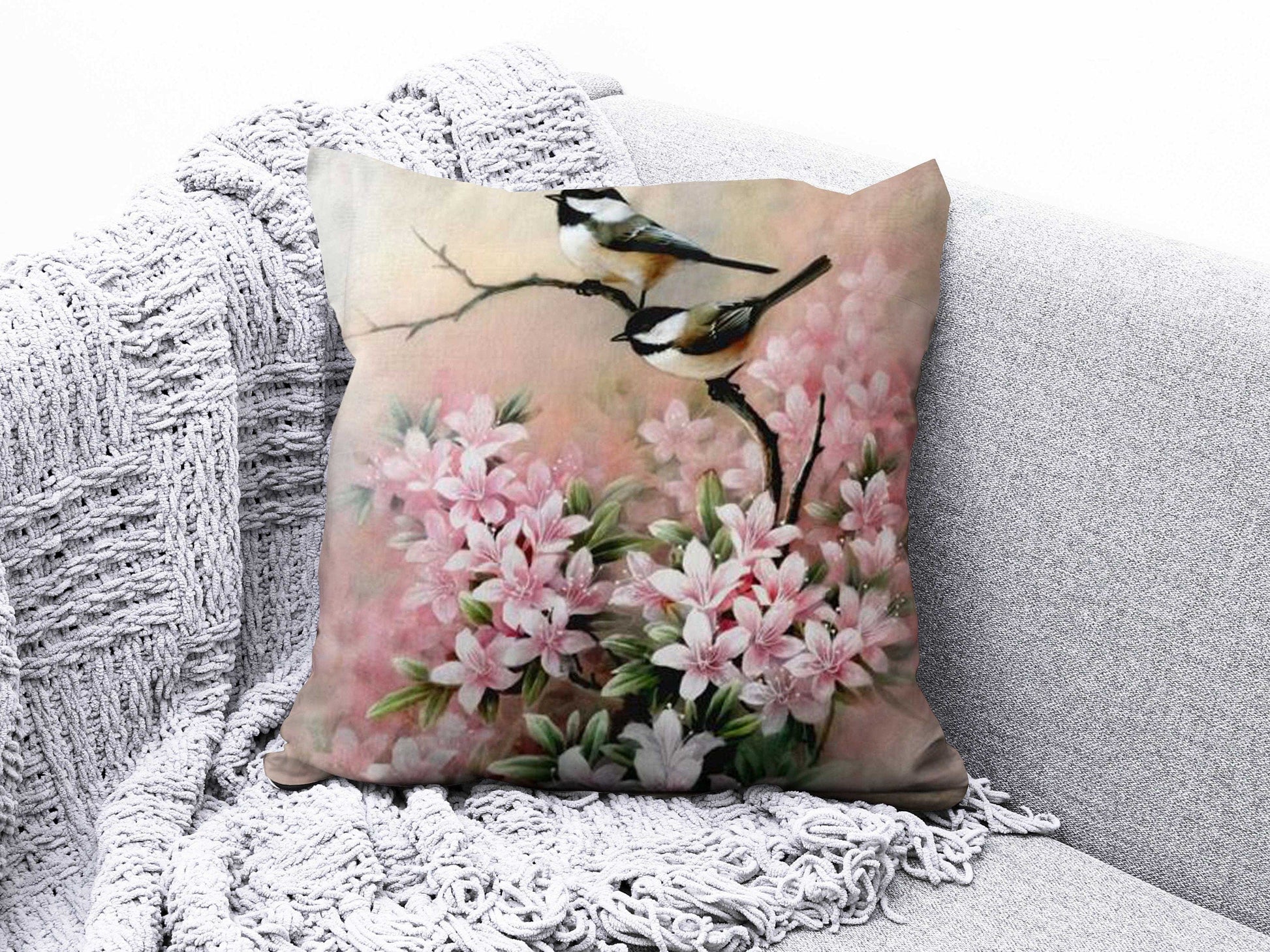 Onay 9 / 12 x 12 inch (30 x 30 cm) Double Side Bird Cushion Cover Pink Floral Pillow Cover Housewarming Cushion Case