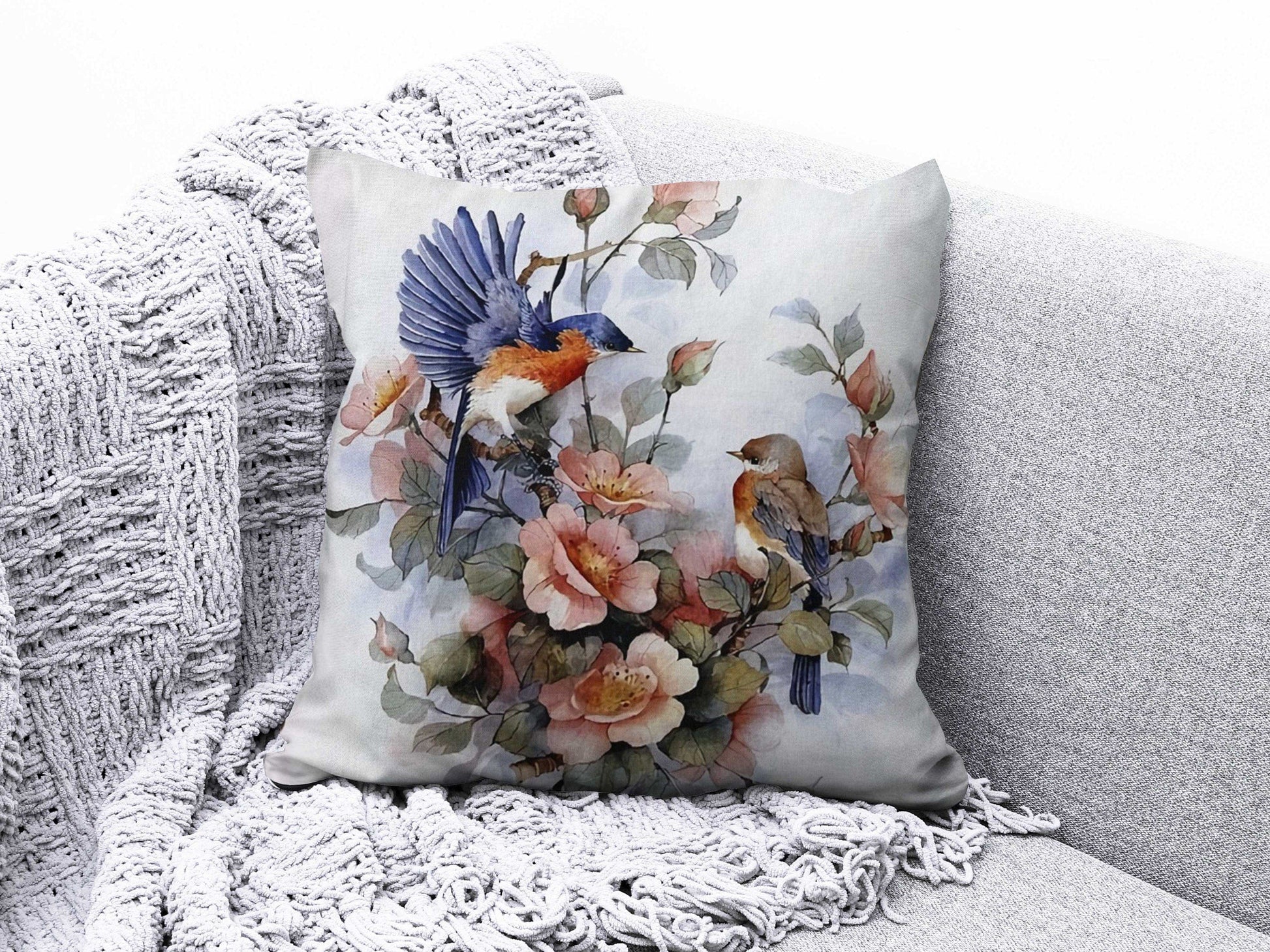Onay 8 / 12 x 12 inch (30 x 30 cm) Double Side Bird Cushion Cover Pink Floral Pillow Cover Housewarming Cushion Case
