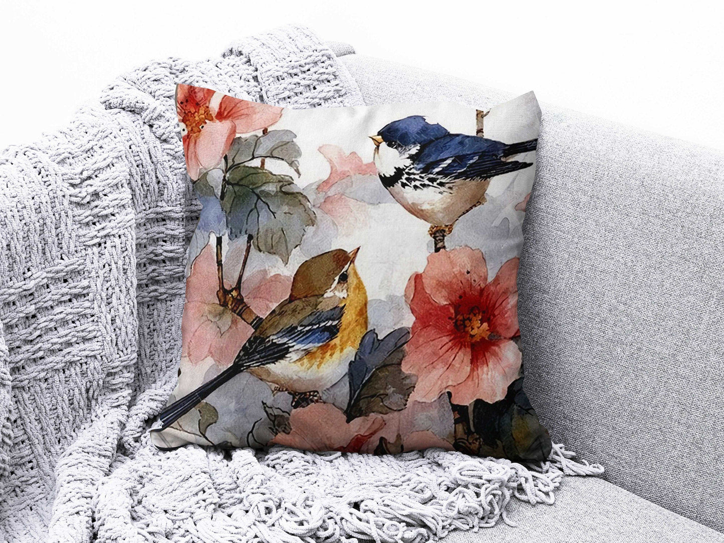 Onay 7 / 12 x 12 inch (30 x 30 cm) Double Side Bird Cushion Cover Pink Floral Pillow Cover Housewarming Cushion Case