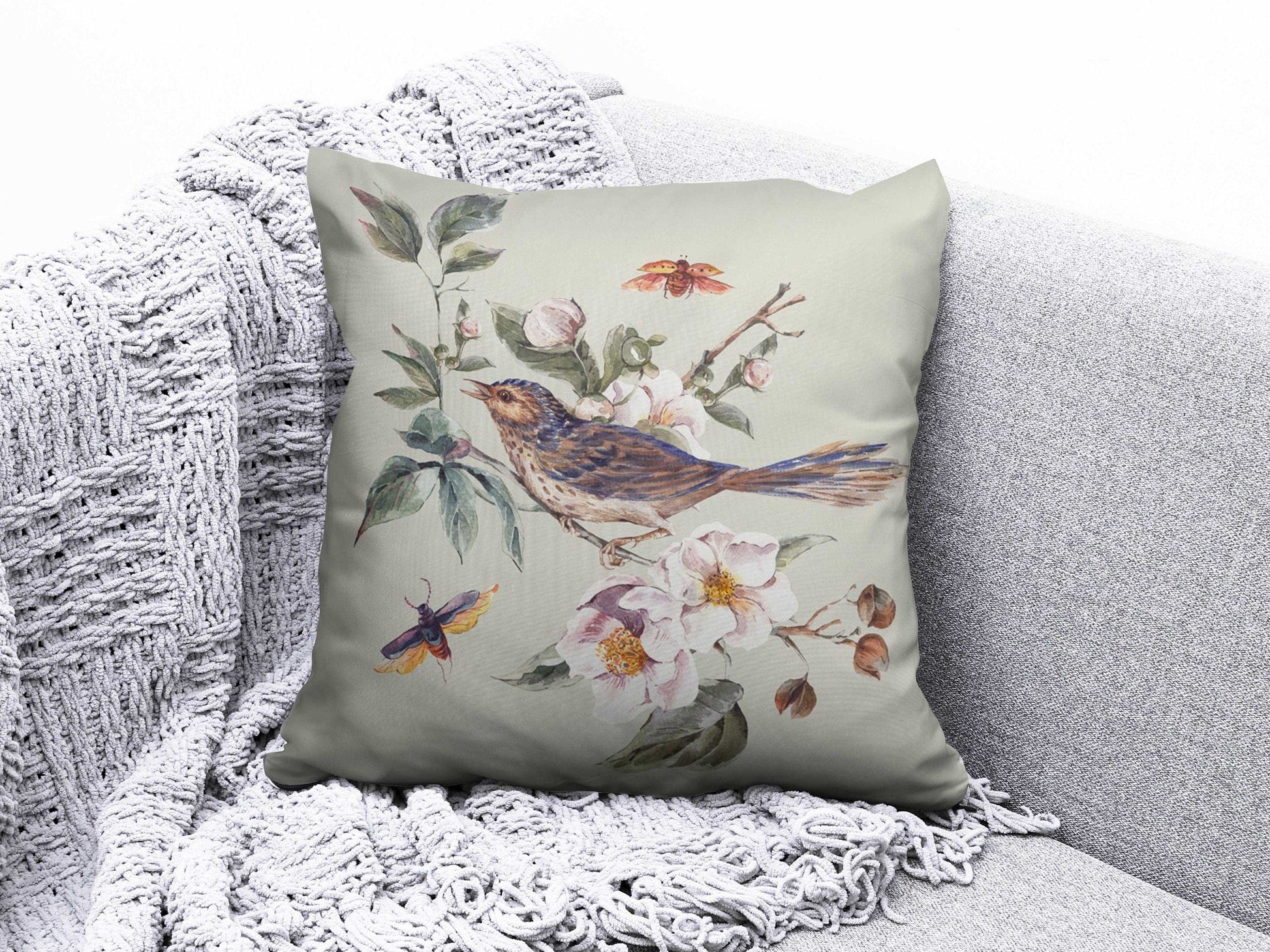 Onay 6 / 12 x 12 inch (30 x 30 cm) Double Side Bird Cushion Cover Pink Floral Pillow Cover Housewarming Cushion Case