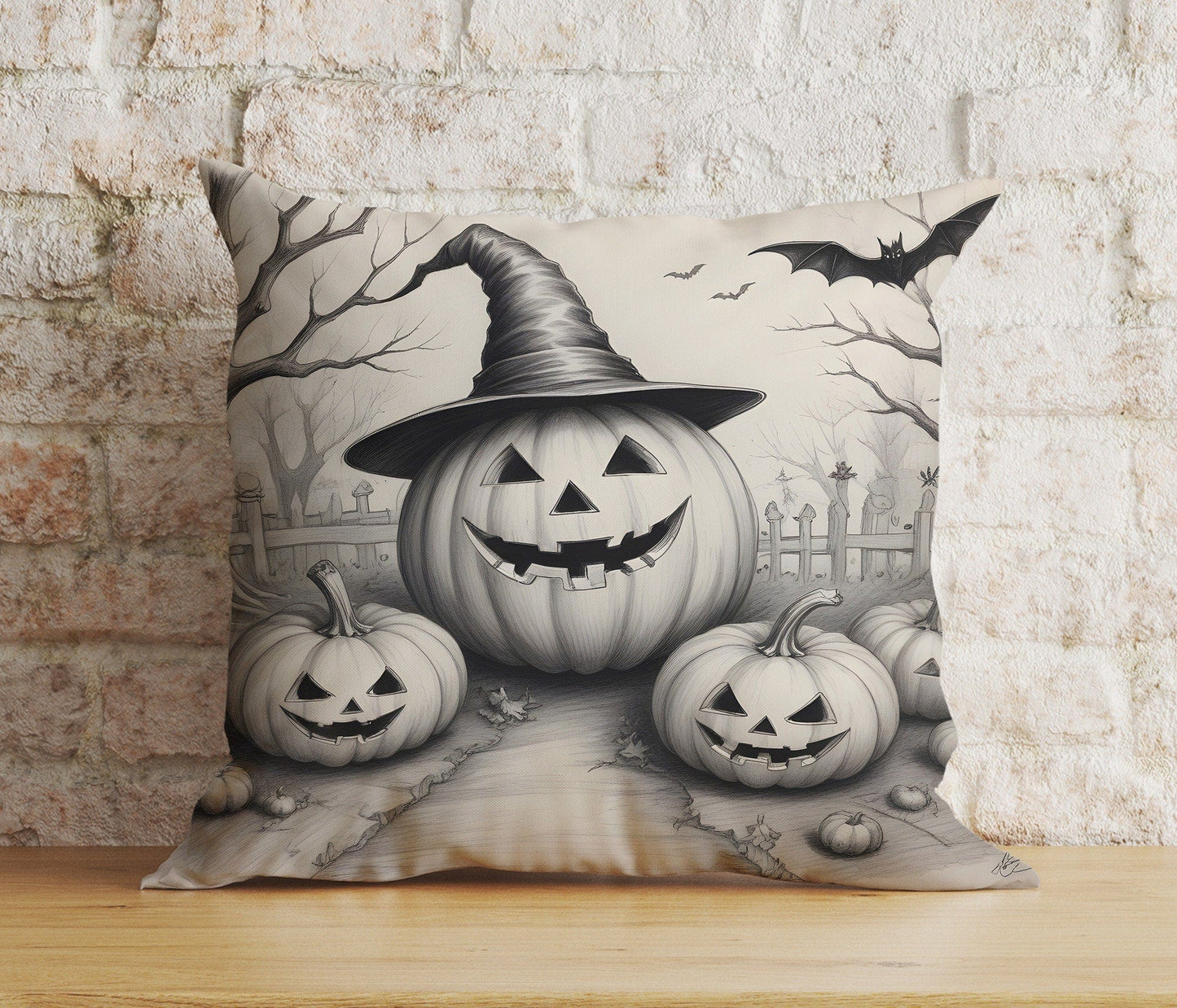 Onay 2 / 12 x 12 inch (30 x 30 cm) Double Side Black and White Pumpkin Halloween Drawing Carved Cushion Cover