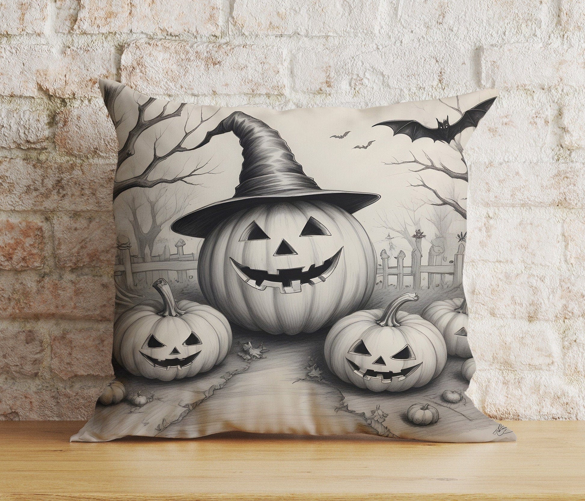 Onay 2 / 12 x 12 inch (30 x 30 cm) Double Side Black and White Pumpkin Halloween Drawing Carved Cushion Cover