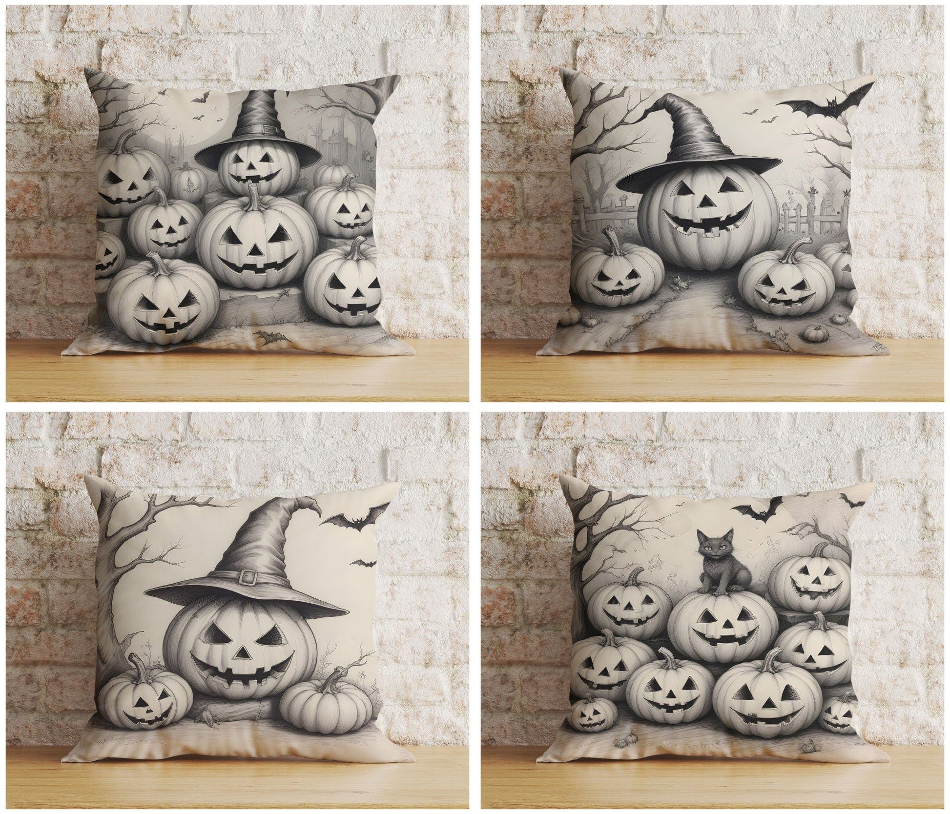 Onay Black and White Pumpkin Halloween Drawing Carved Cushion Cover