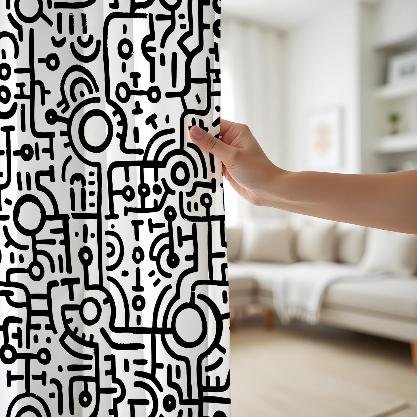 Onay Black and White Tribal Art Curtains, Hand-Drawn Abstract Line Pattern