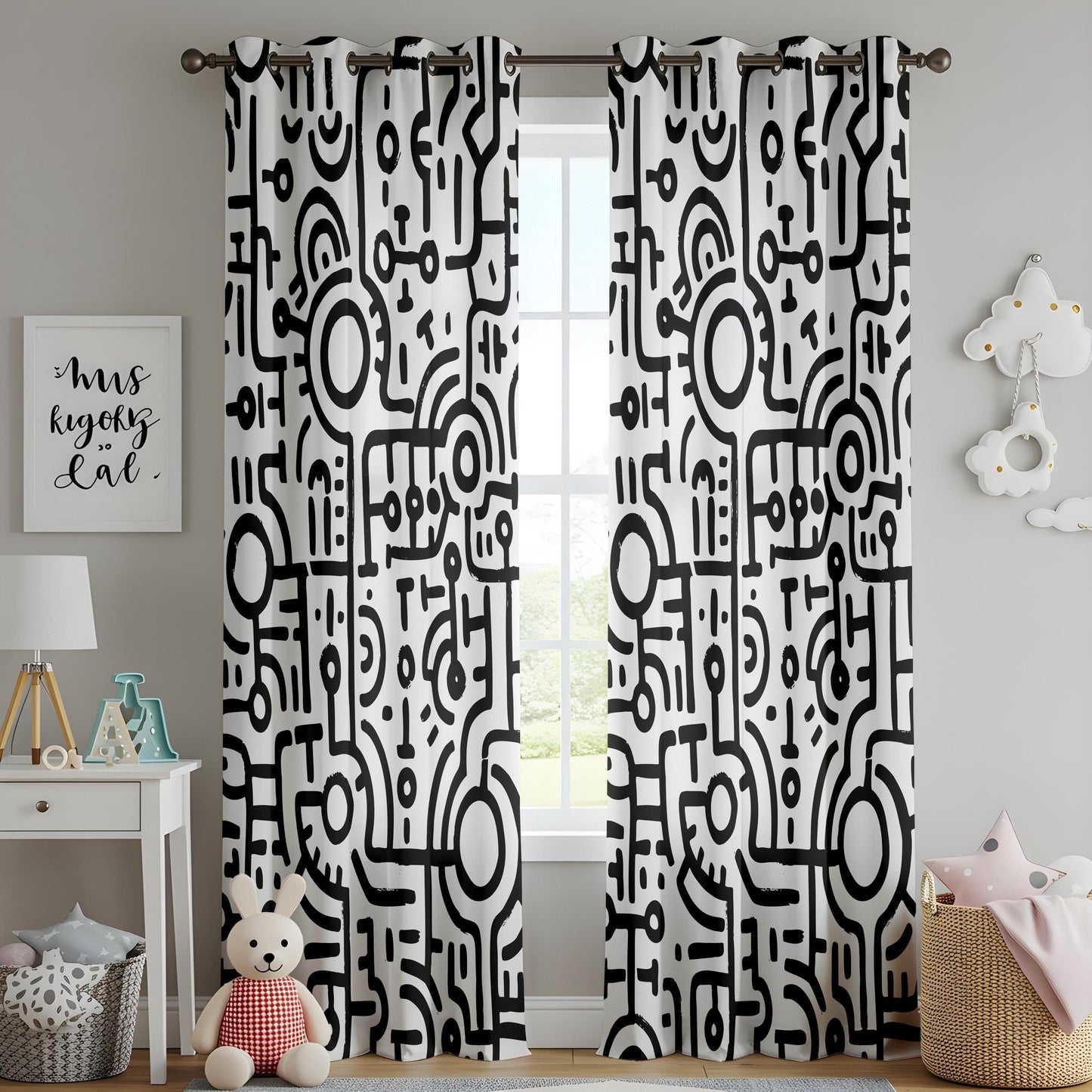 Onay Black and White Tribal Art Curtains, Hand-Drawn Abstract Line Pattern