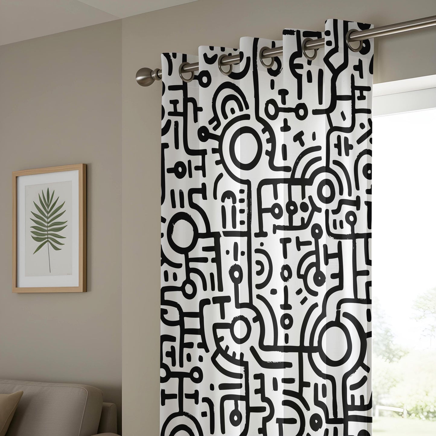 Onay Black and White Tribal Art Curtains, Hand-Drawn Abstract Line Pattern