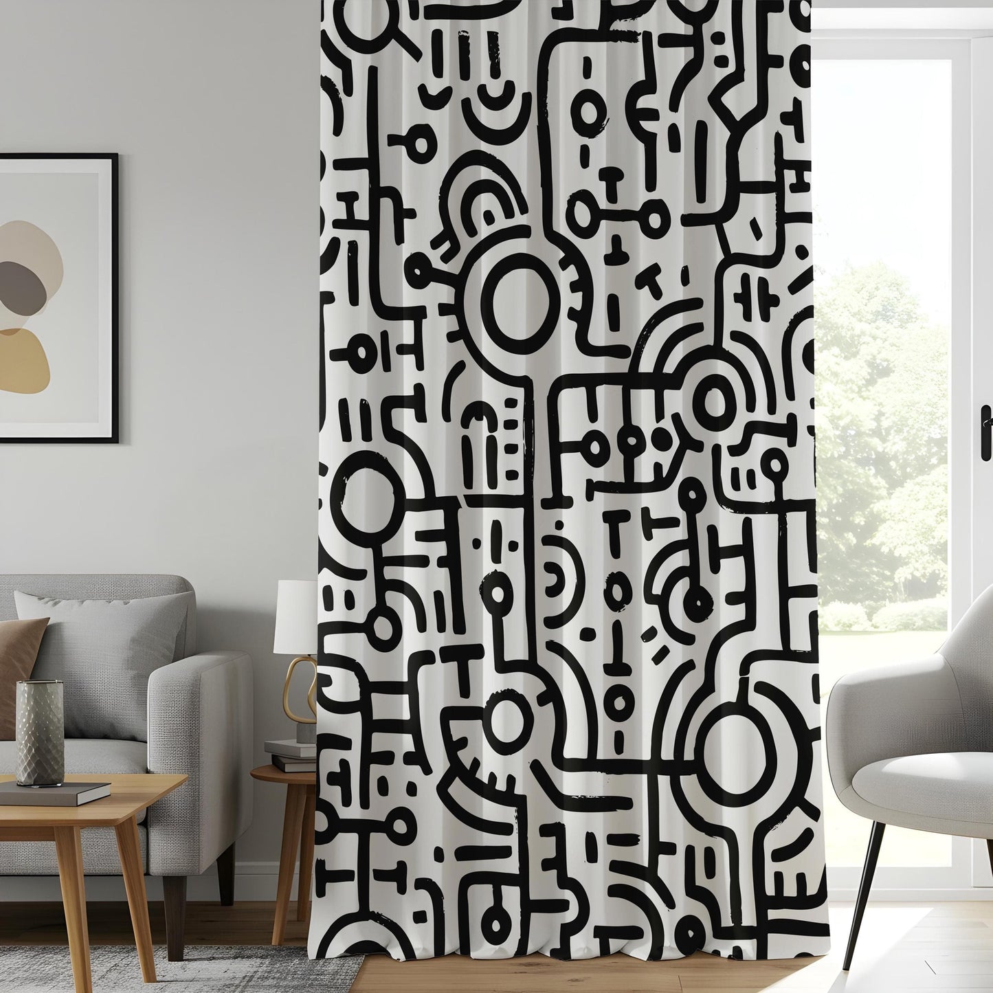 Onay Black and White Tribal Art Curtains, Hand-Drawn Abstract Line Pattern