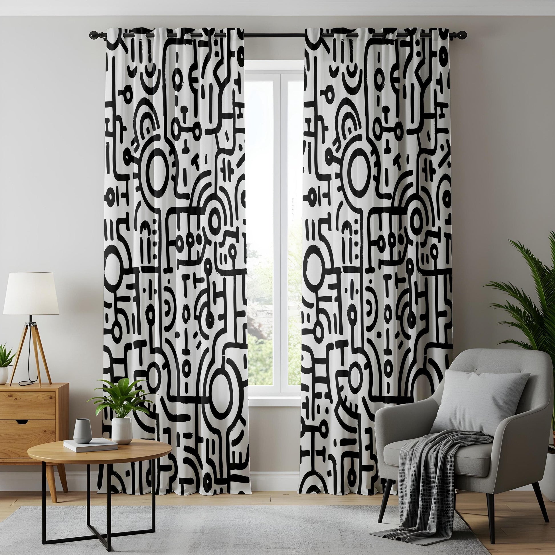 Onay Black and White Tribal Art Curtains, Hand-Drawn Abstract Line Pattern