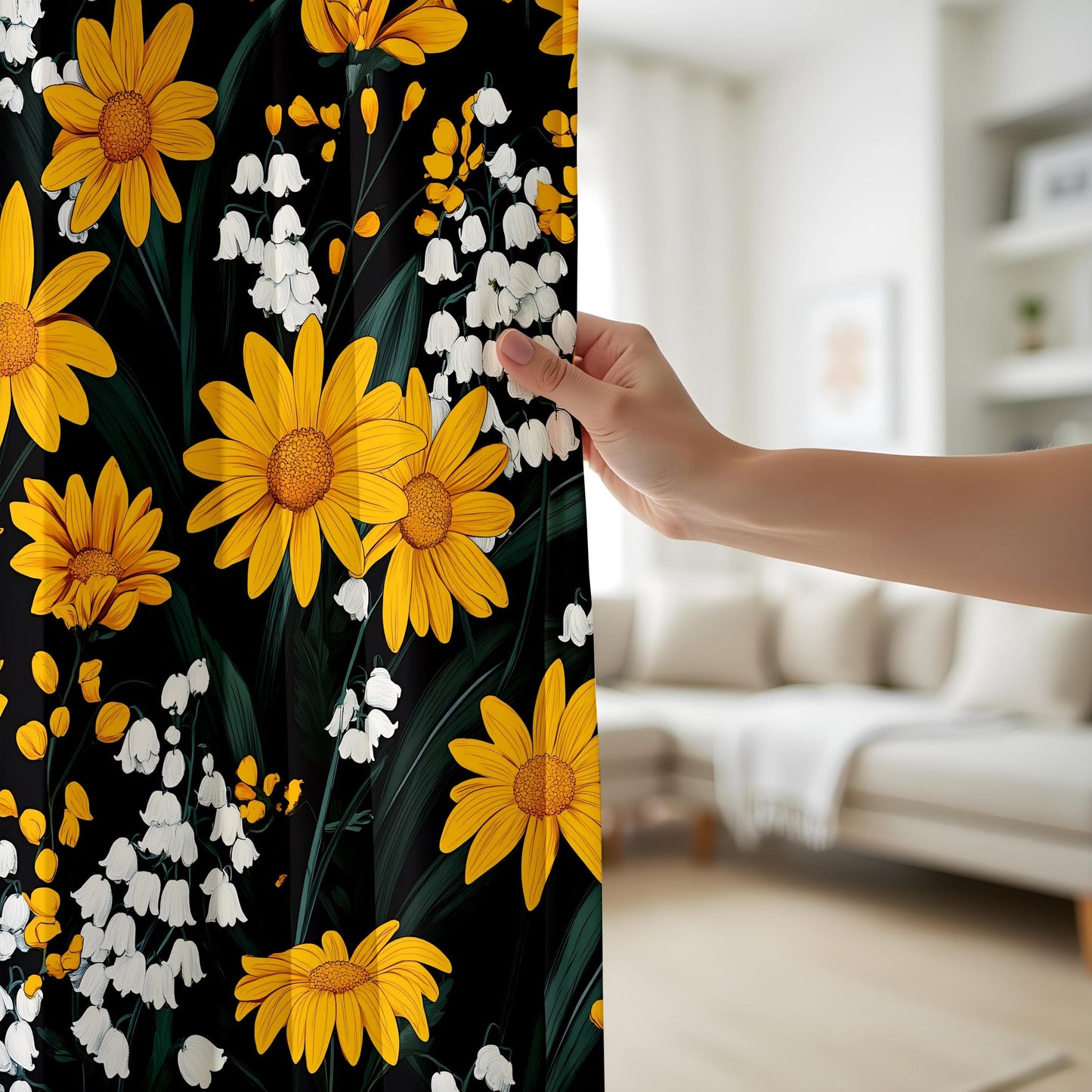 Onay Black & Gold Floral Curtains, Sunflower - Lily of the Valley Drapes