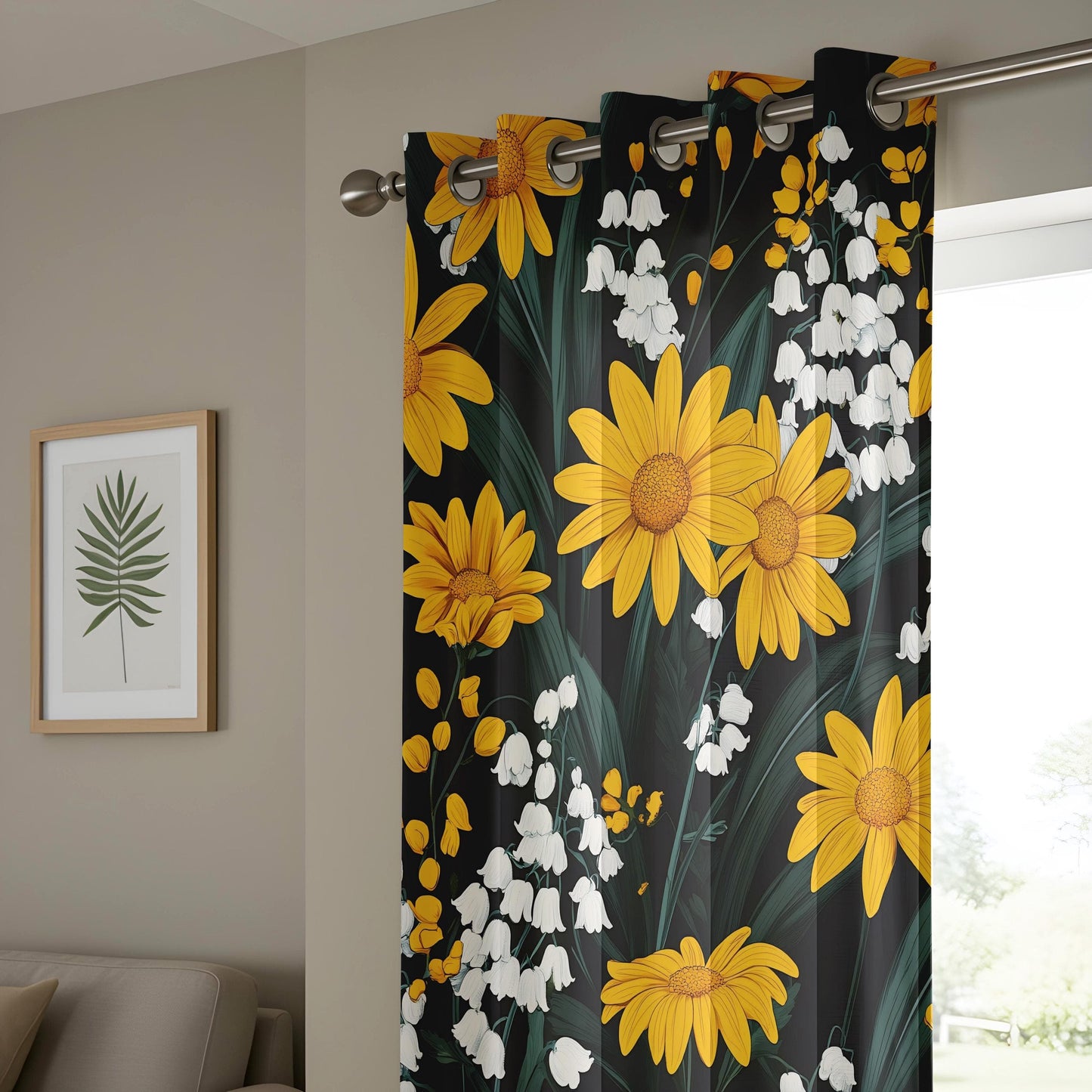 Onay Black & Gold Floral Curtains, Sunflower - Lily of the Valley Drapes