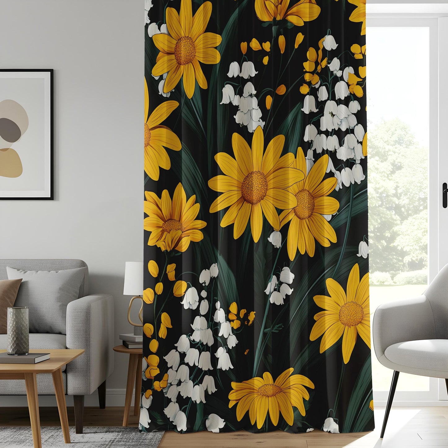 Onay Black & Gold Floral Curtains, Sunflower - Lily of the Valley Drapes