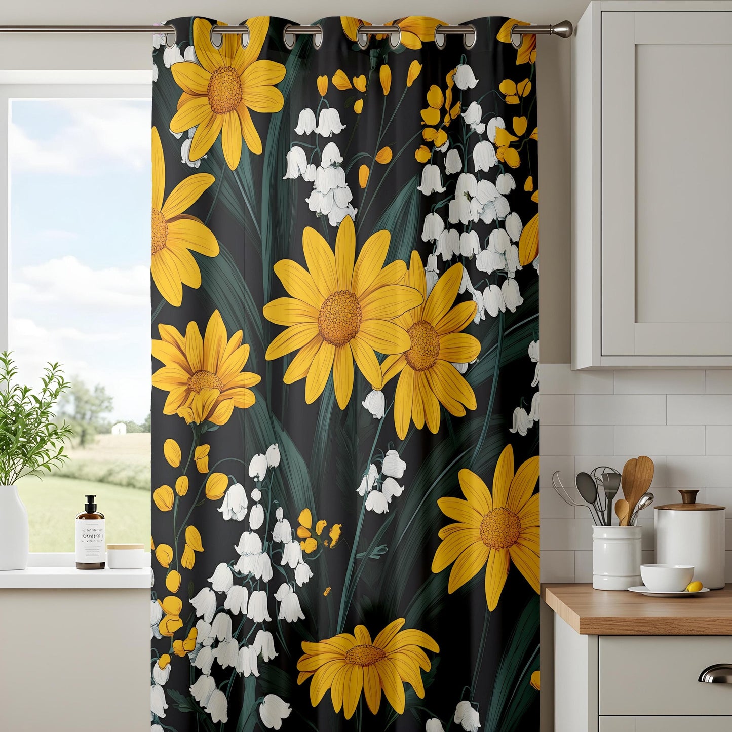 Onay Black & Gold Floral Curtains, Sunflower - Lily of the Valley Drapes