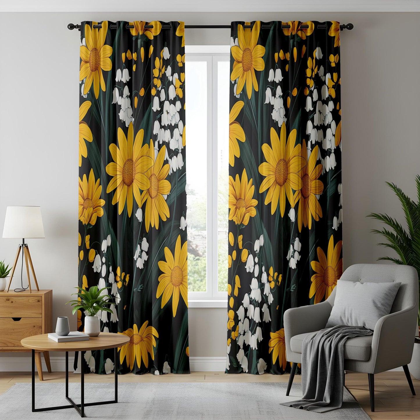 Onay Black & Gold Floral Curtains, Sunflower - Lily of the Valley Drapes