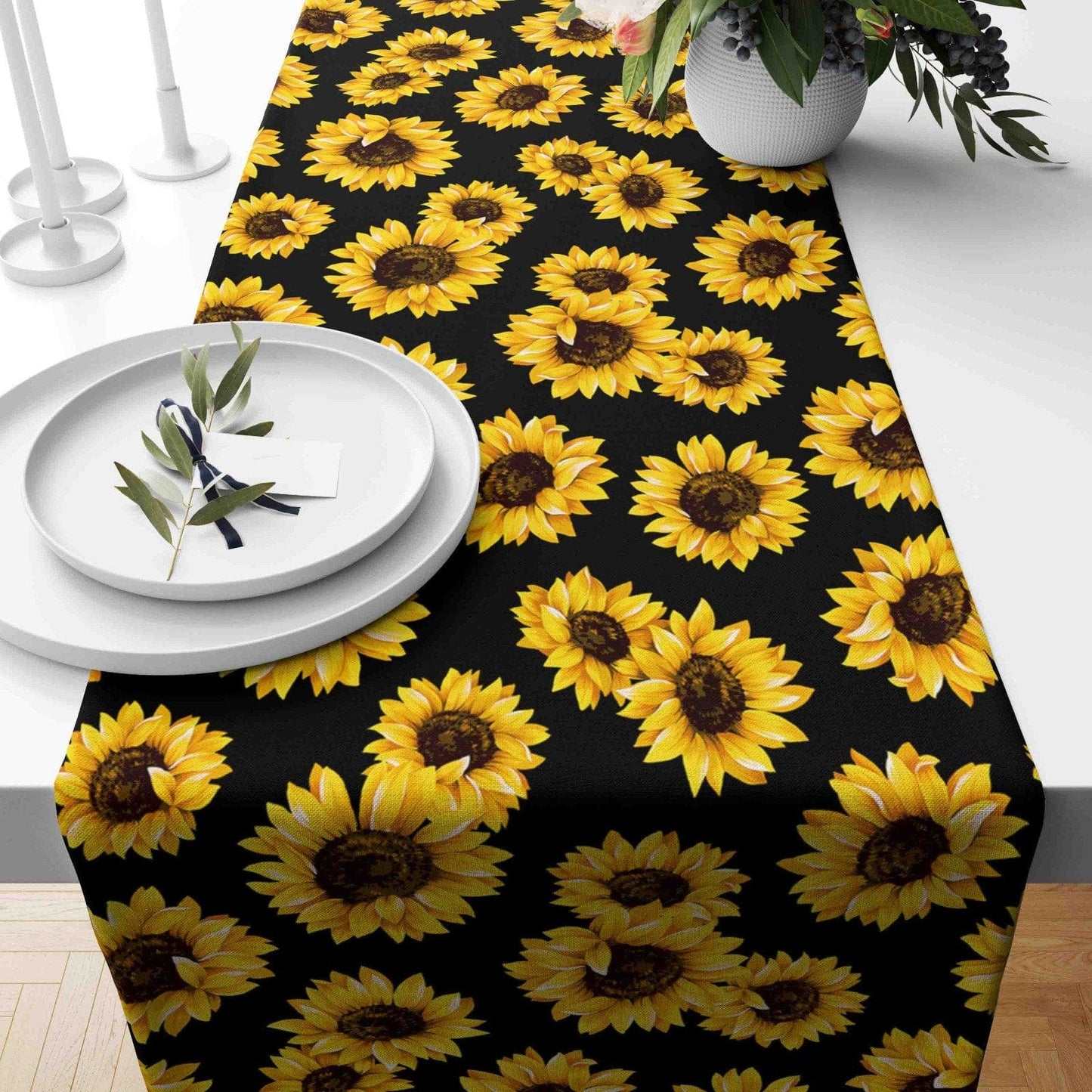 Onay 3 / 12 x 46 inch (30 x 120 cm) Black Red Background Summer Sunflower Table Runner