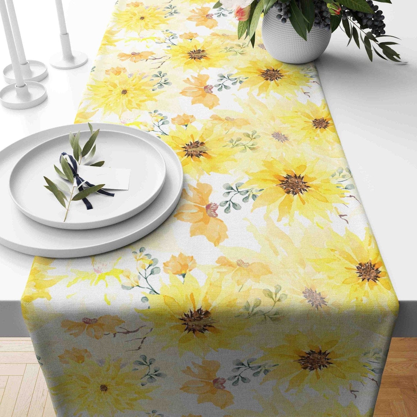 Onay 2 / 12 x 46 inch (30 x 120 cm) Black Red Background Summer Sunflower Table Runner