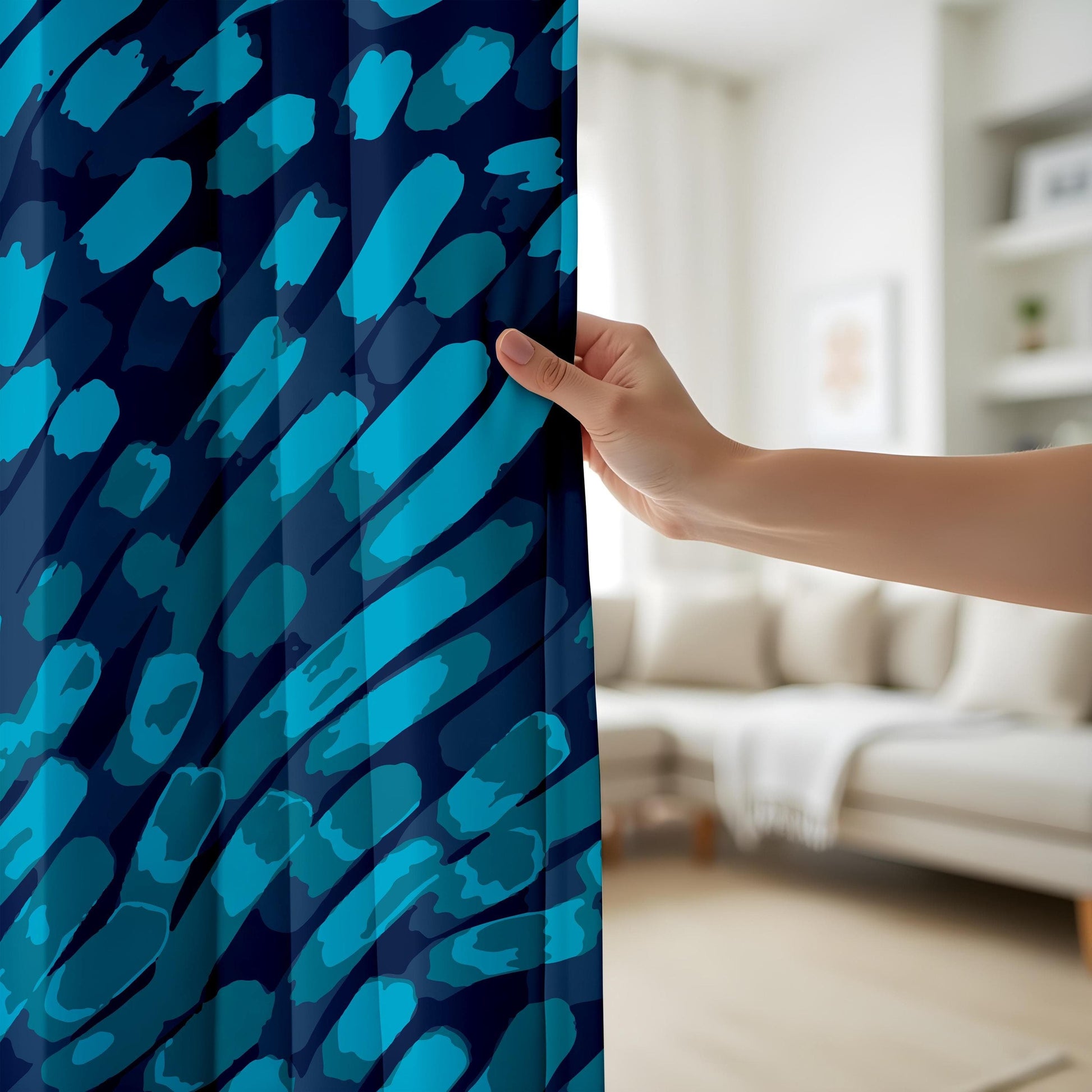 Onay Blue Abstract Brushstroke Curtains – Modern Artistic Drapes for Living Room Decor