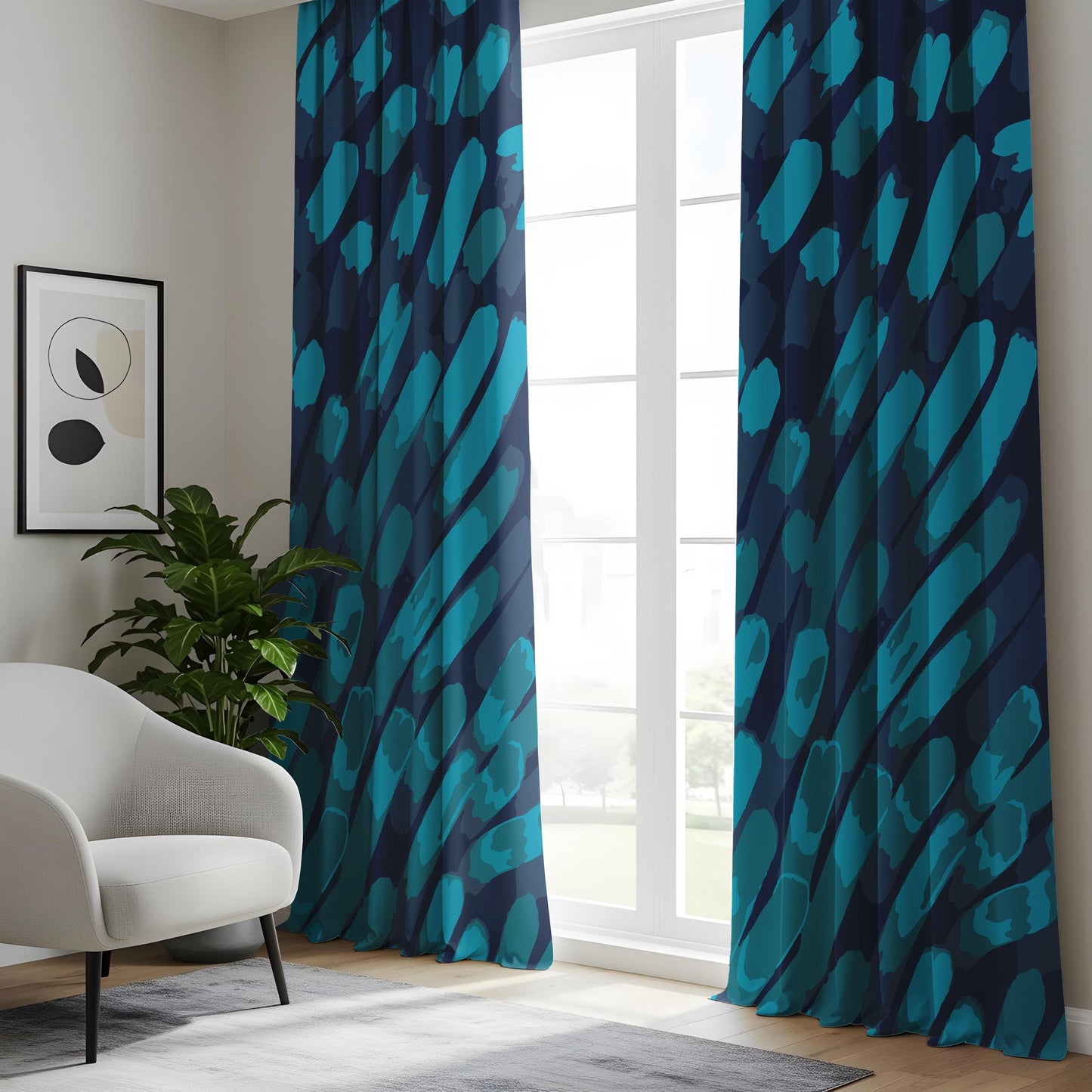 Onay Blue Abstract Brushstroke Curtains – Modern Artistic Drapes for Living Room Decor