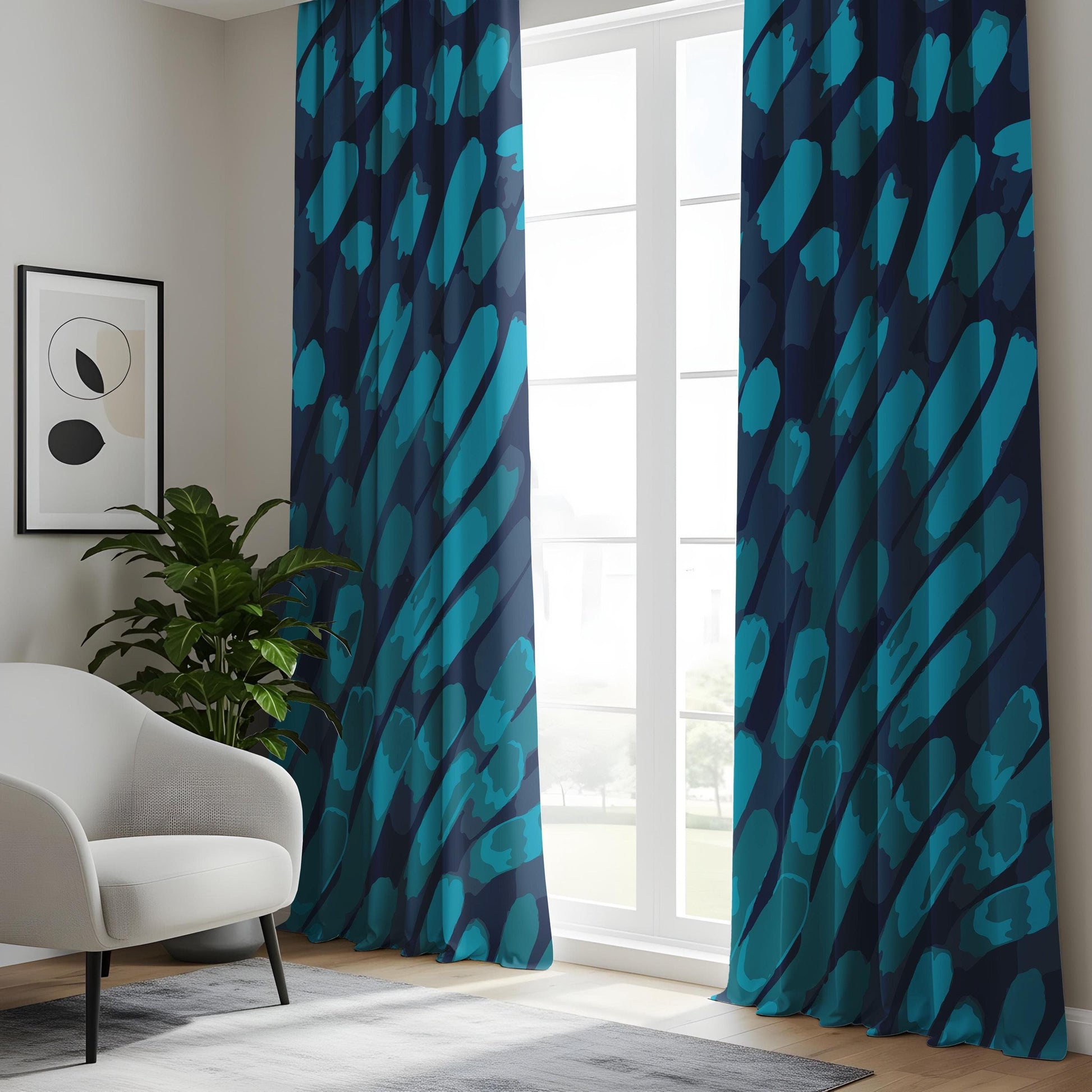 Onay Blue Abstract Brushstroke Curtains – Modern Artistic Drapes for Living Room Decor