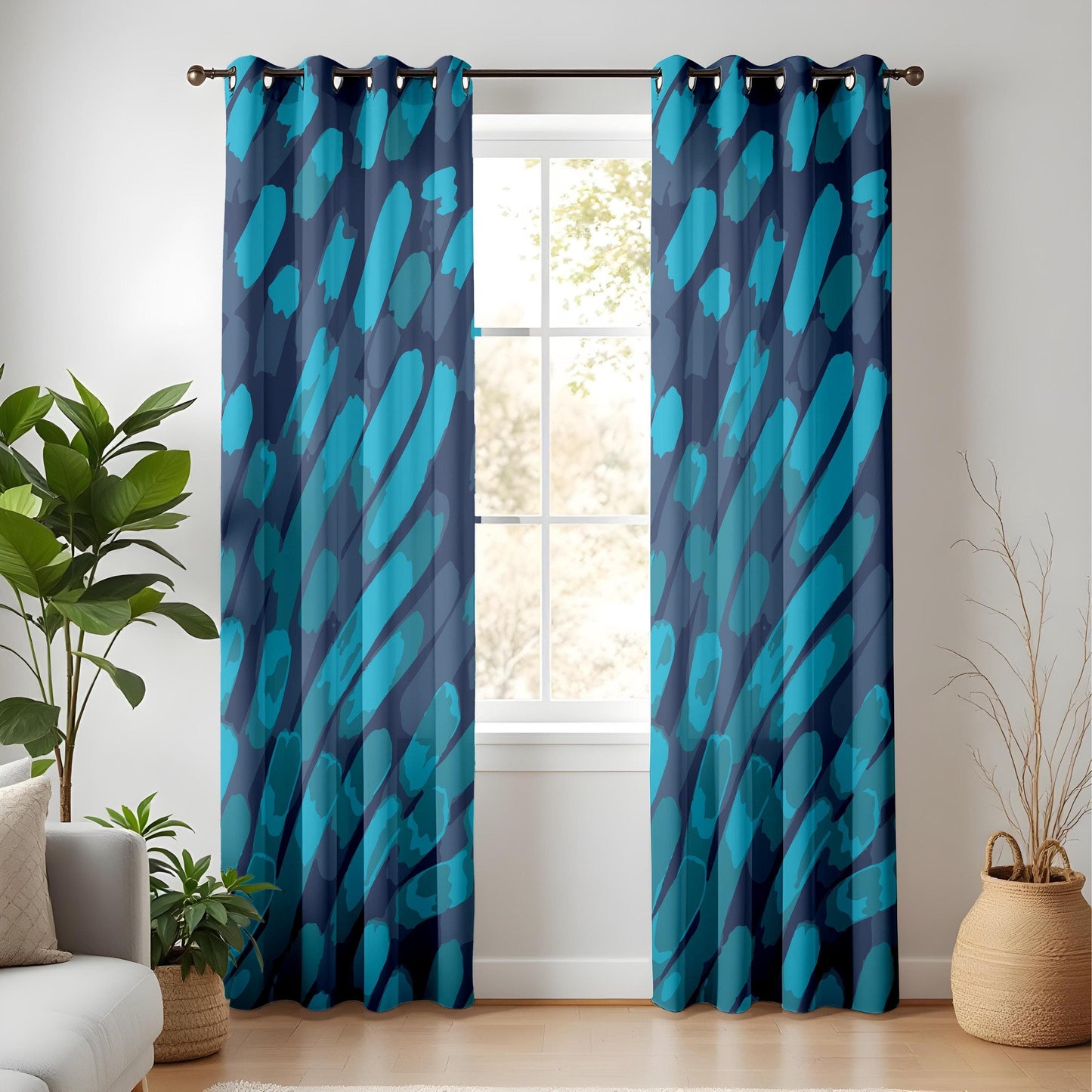 Onay Blue Abstract Brushstroke Curtains – Modern Artistic Drapes for Living Room Decor