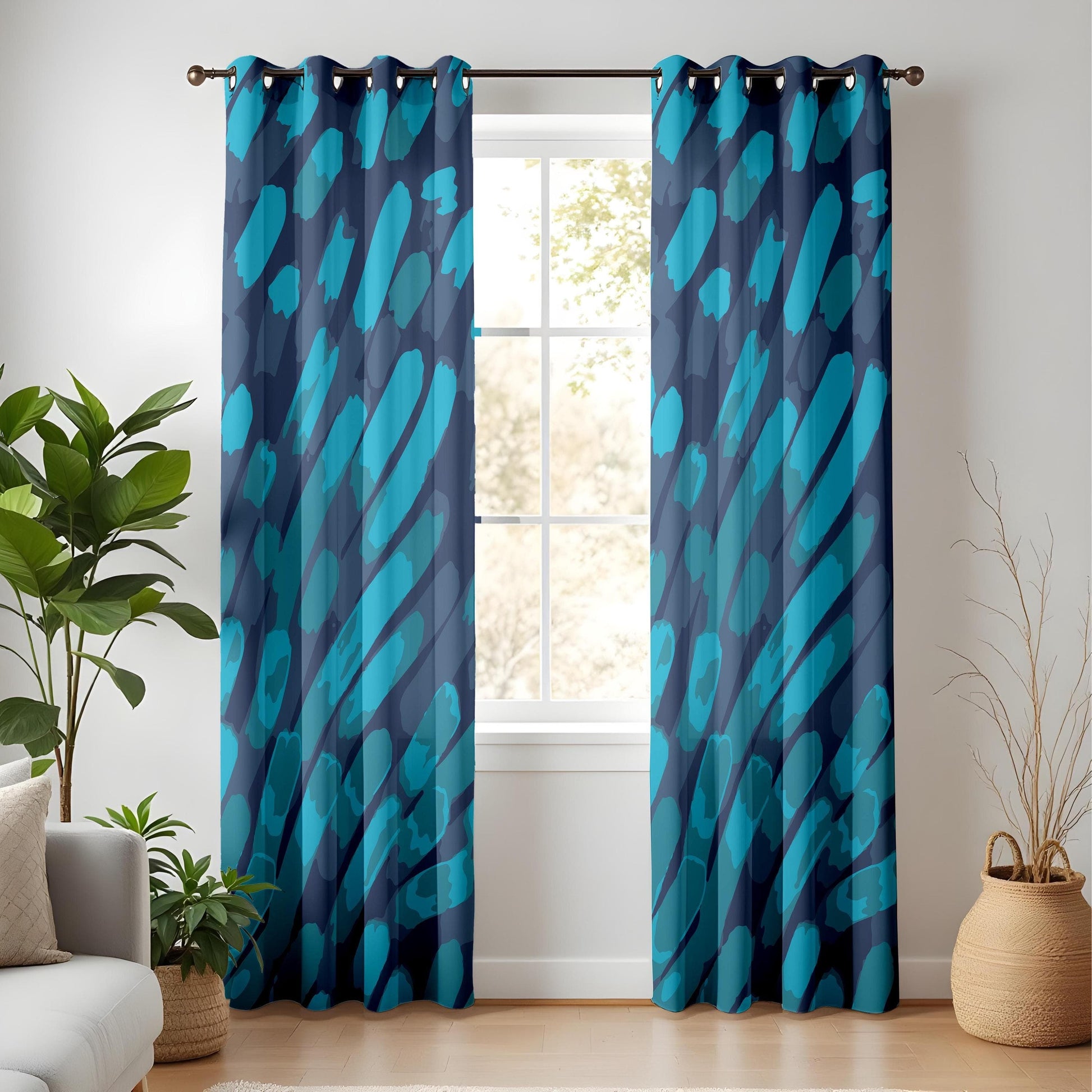Onay Blue Abstract Brushstroke Curtains – Modern Artistic Drapes for Living Room Decor