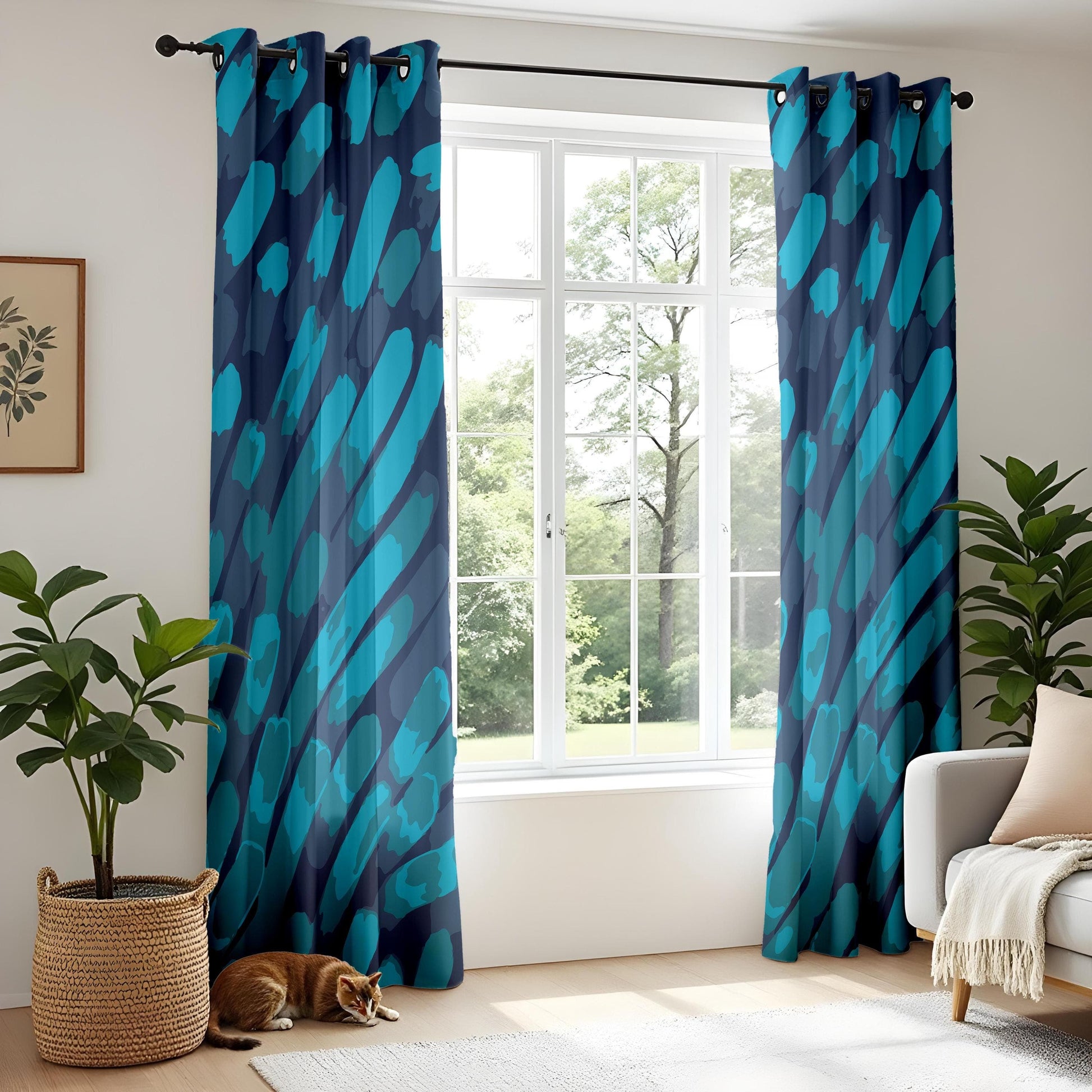 Onay Blue Abstract Brushstroke Curtains – Modern Artistic Drapes for Living Room Decor