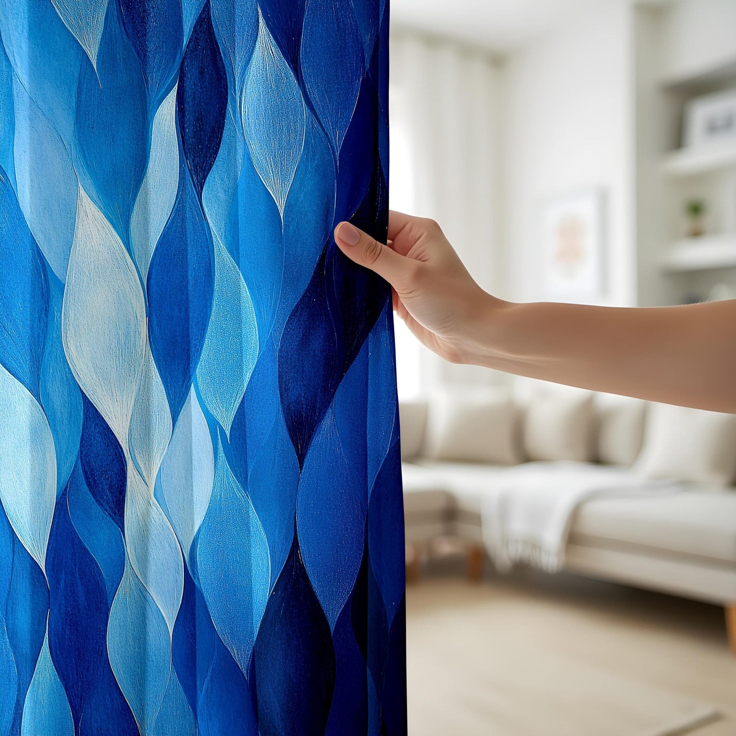 Onay Blue Abstract Wave Curtains, Artistic Water Droplet Window Drape