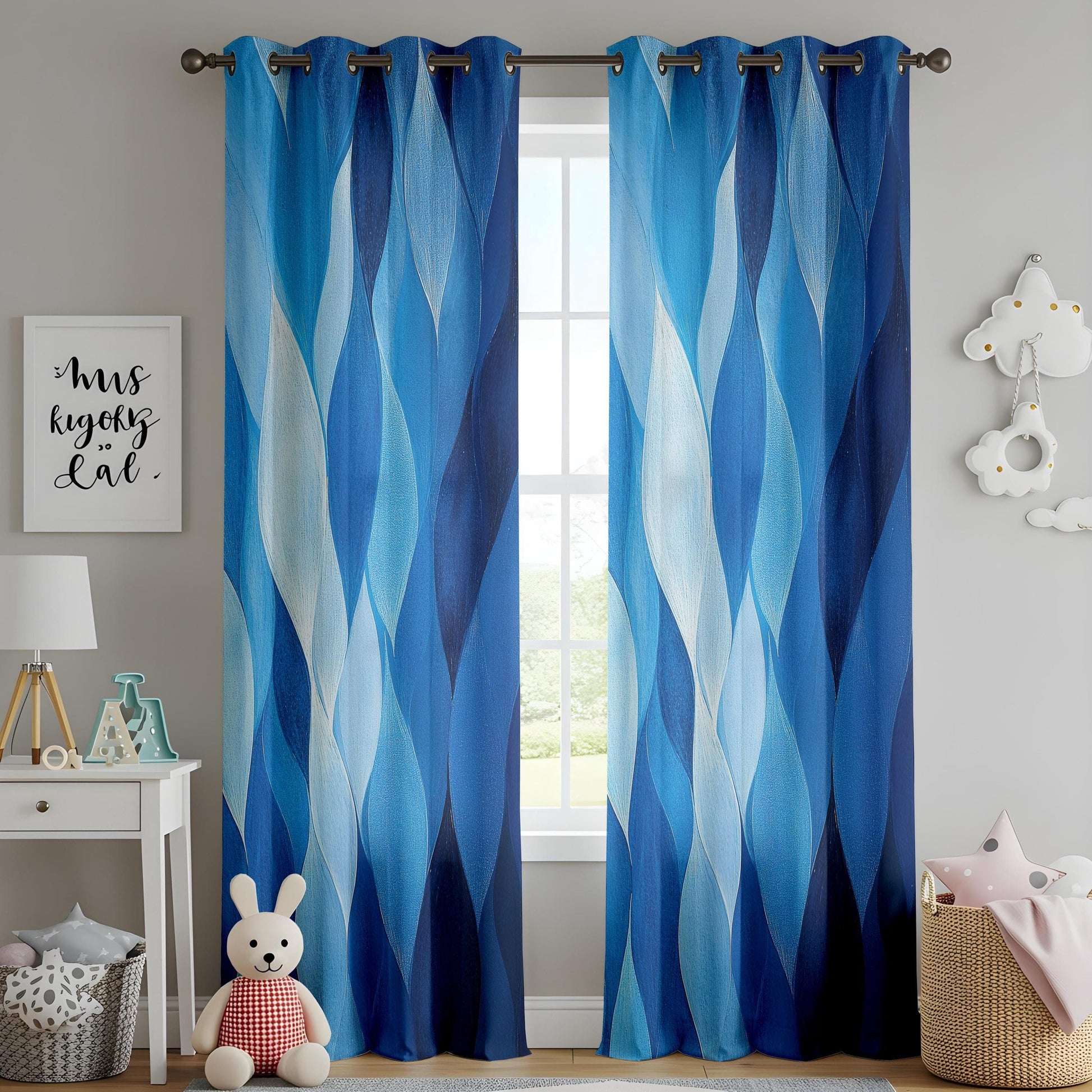 Onay Blue Abstract Wave Curtains, Artistic Water Droplet Window Drape