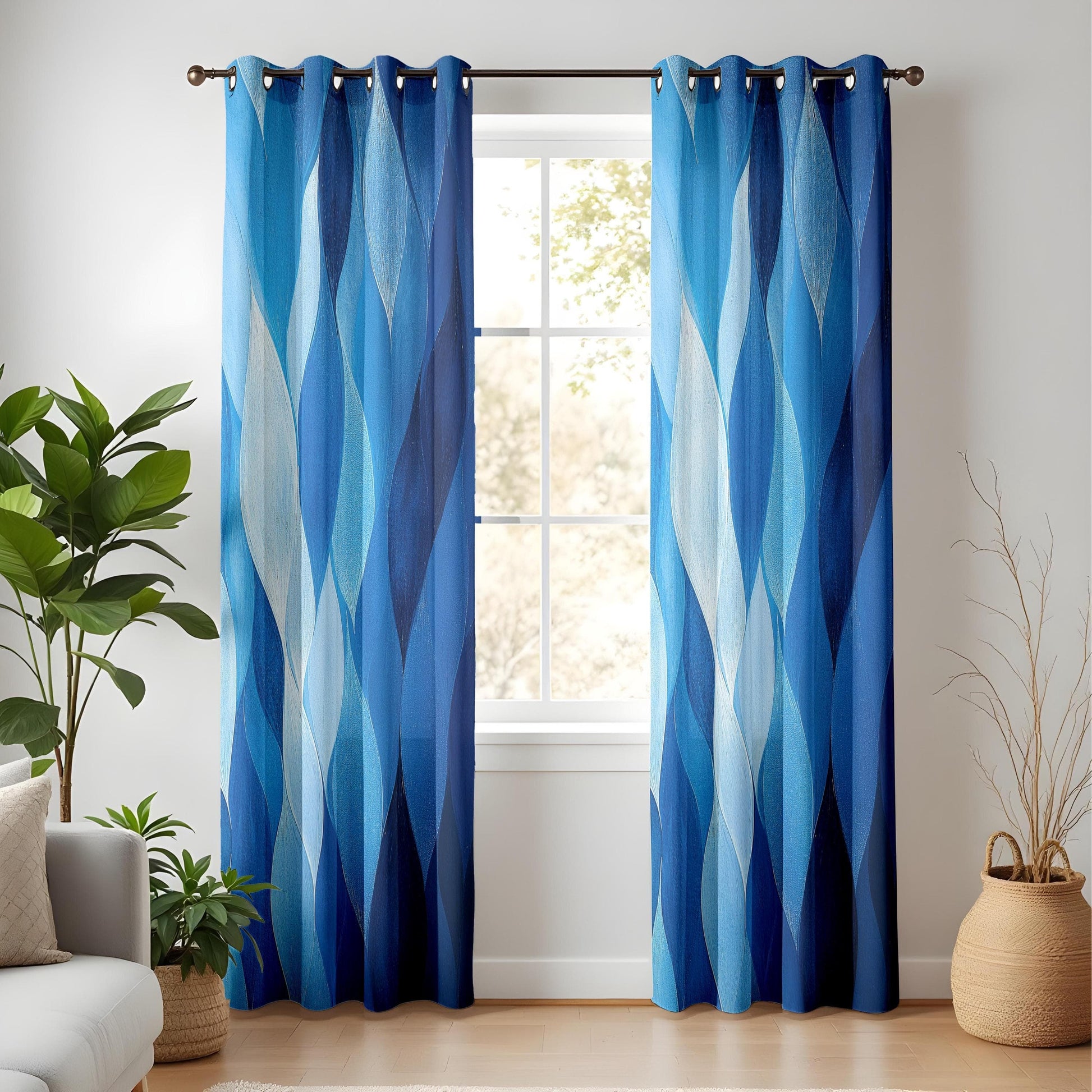 Onay Blue Abstract Wave Curtains, Artistic Water Droplet Window Drape