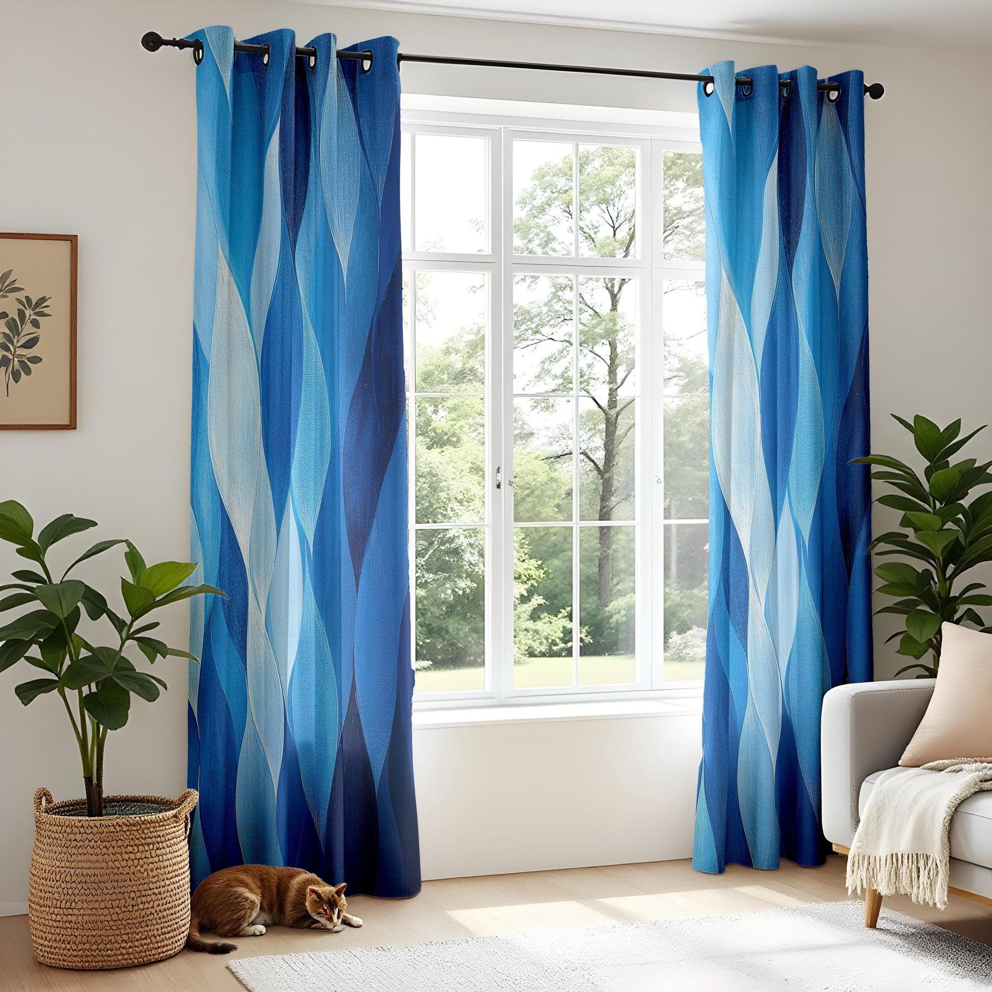 Onay Blue Abstract Wave Curtains, Artistic Water Droplet Window Drape